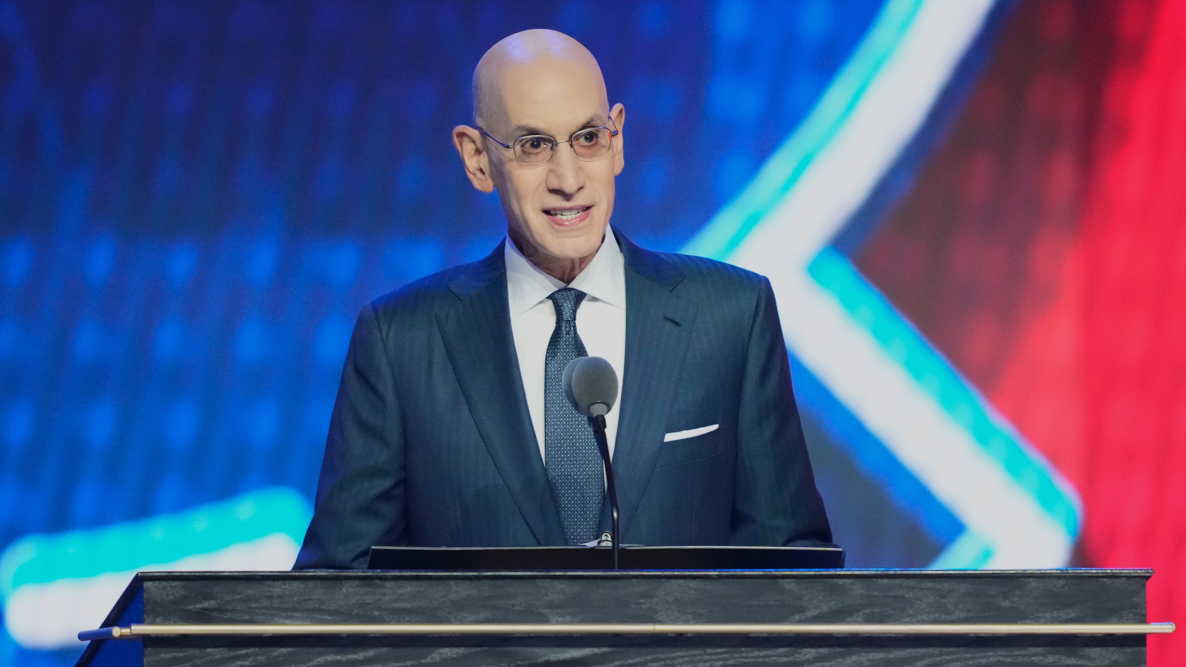 NBA Commissioner Adam Silver speaks during the first round of the NBA basketball draft, Tuesday, June 23, 2026, in New York. (AP Photo/Yuki Iwamura)