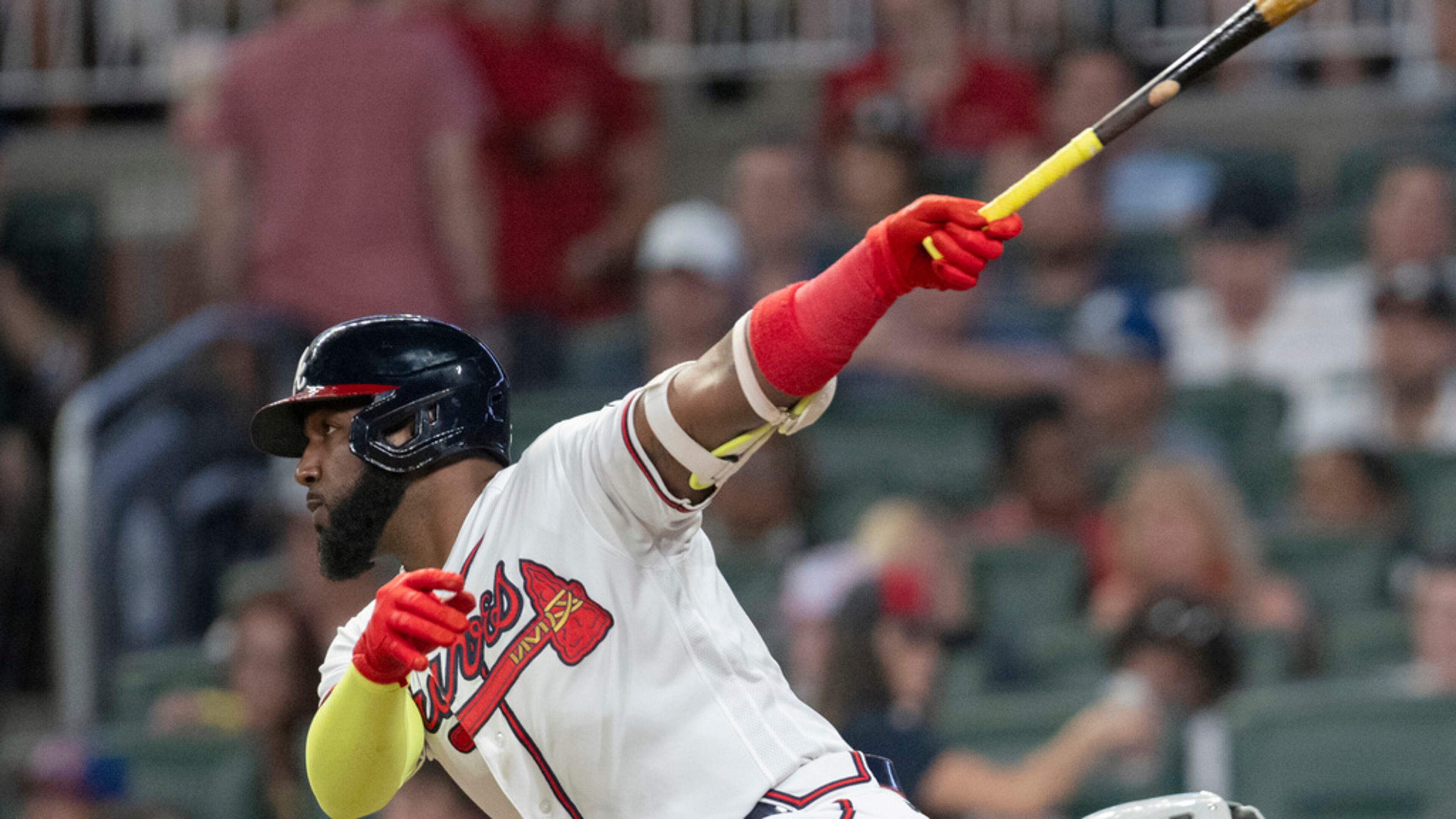 Atlanta Braves' Marcell Ozuna hits an RBI double against the New York Mets during the sixth inning of a baseball game Wednesday, Aug. 23, 2023, in Atlanta. (AP Photo/Hakim Wright Sr.)