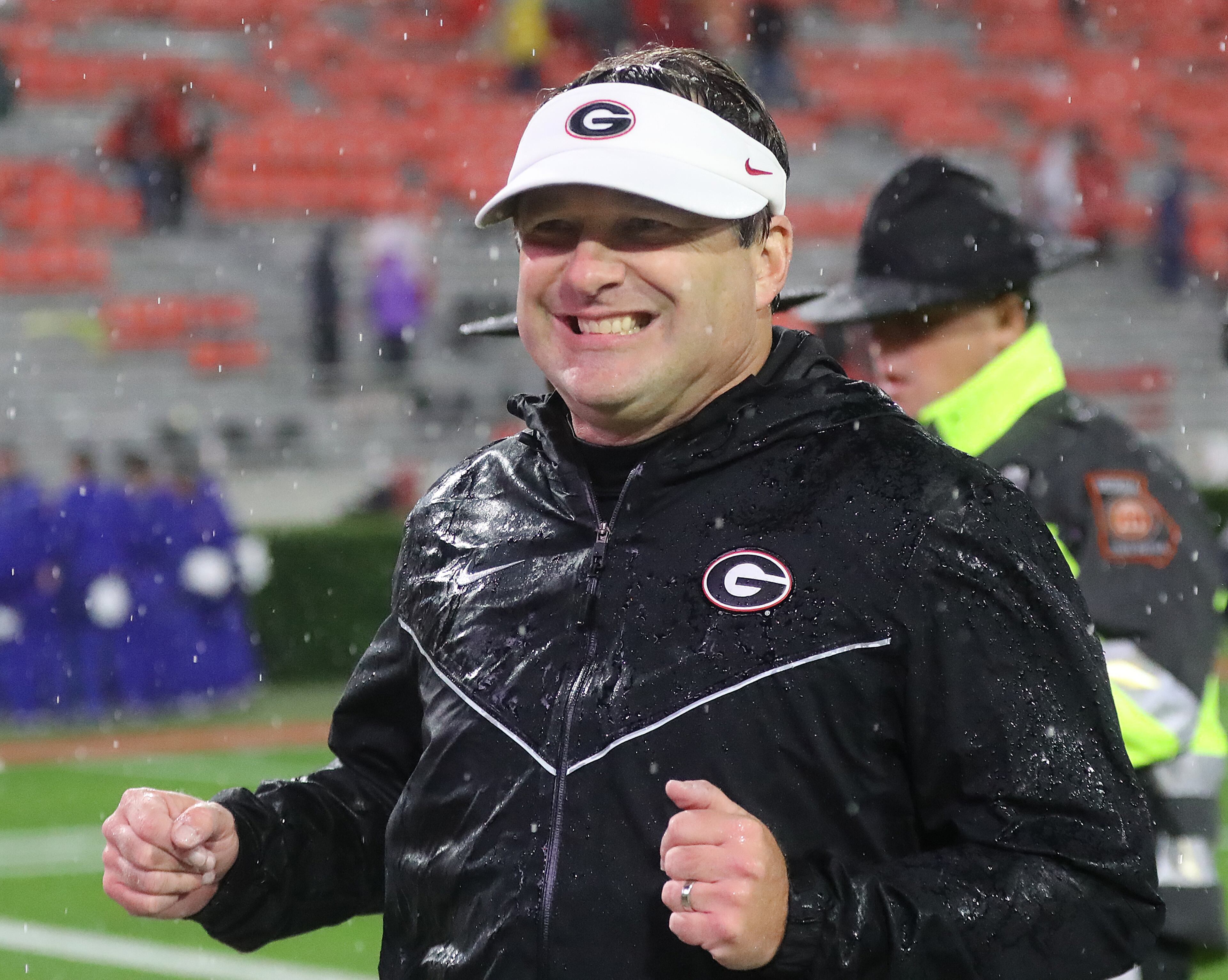 Georgia head coach Kirby Smart is all smiles running off the field after beating Kentucky 21-0 in a NCAA college football game on Saturday, October 19, 2019, in Athens. Curtis Compton/ccompton@ajc.com