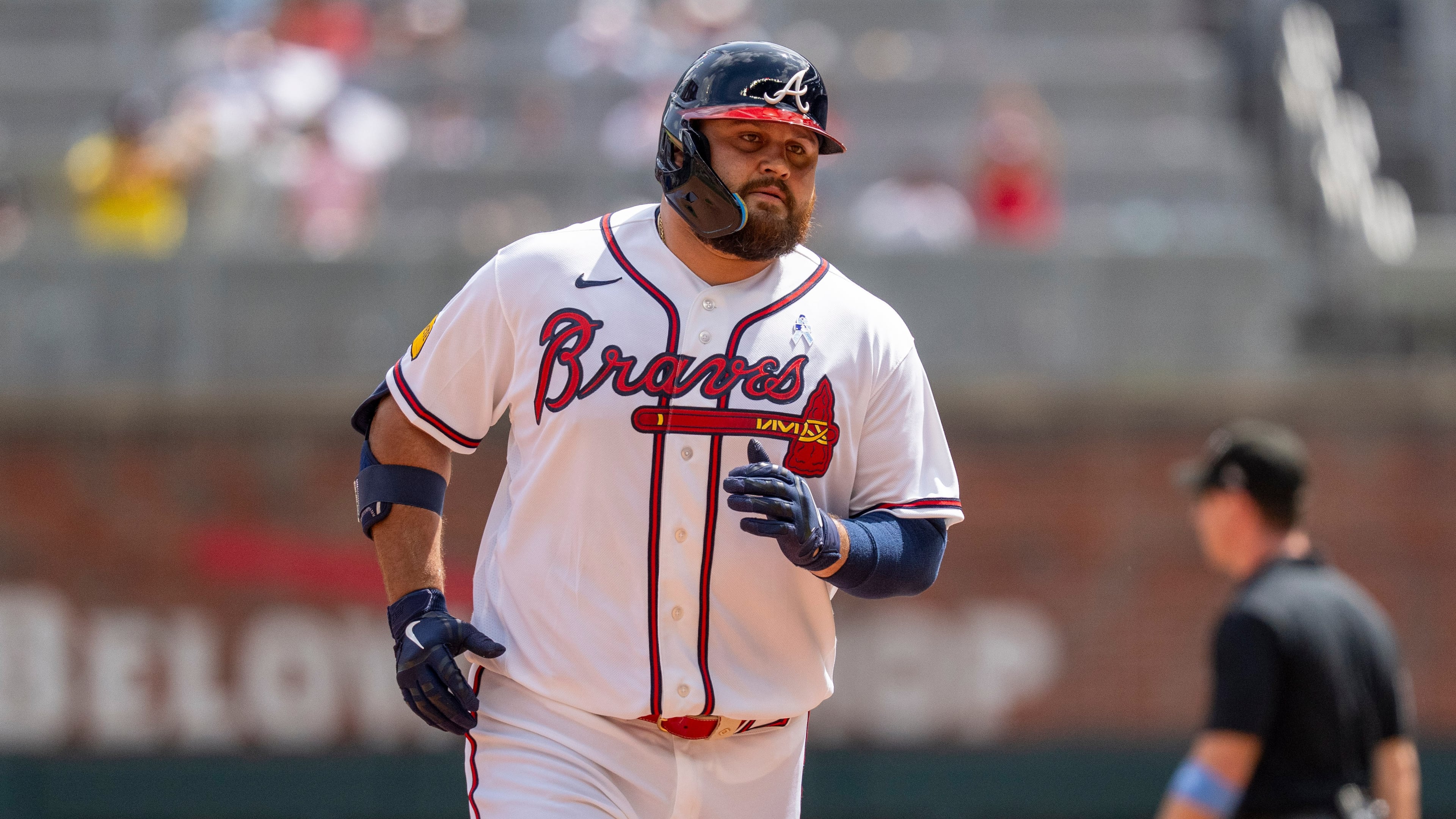 Atlanta Braves' Rowdy Tellez rounds second base after hitting a home run during the ninth inning of a baseball game against the Milwaukee Brewers, Sunday, June 21, 2026, in Atlanta. (AP Photo/Erik Rank)