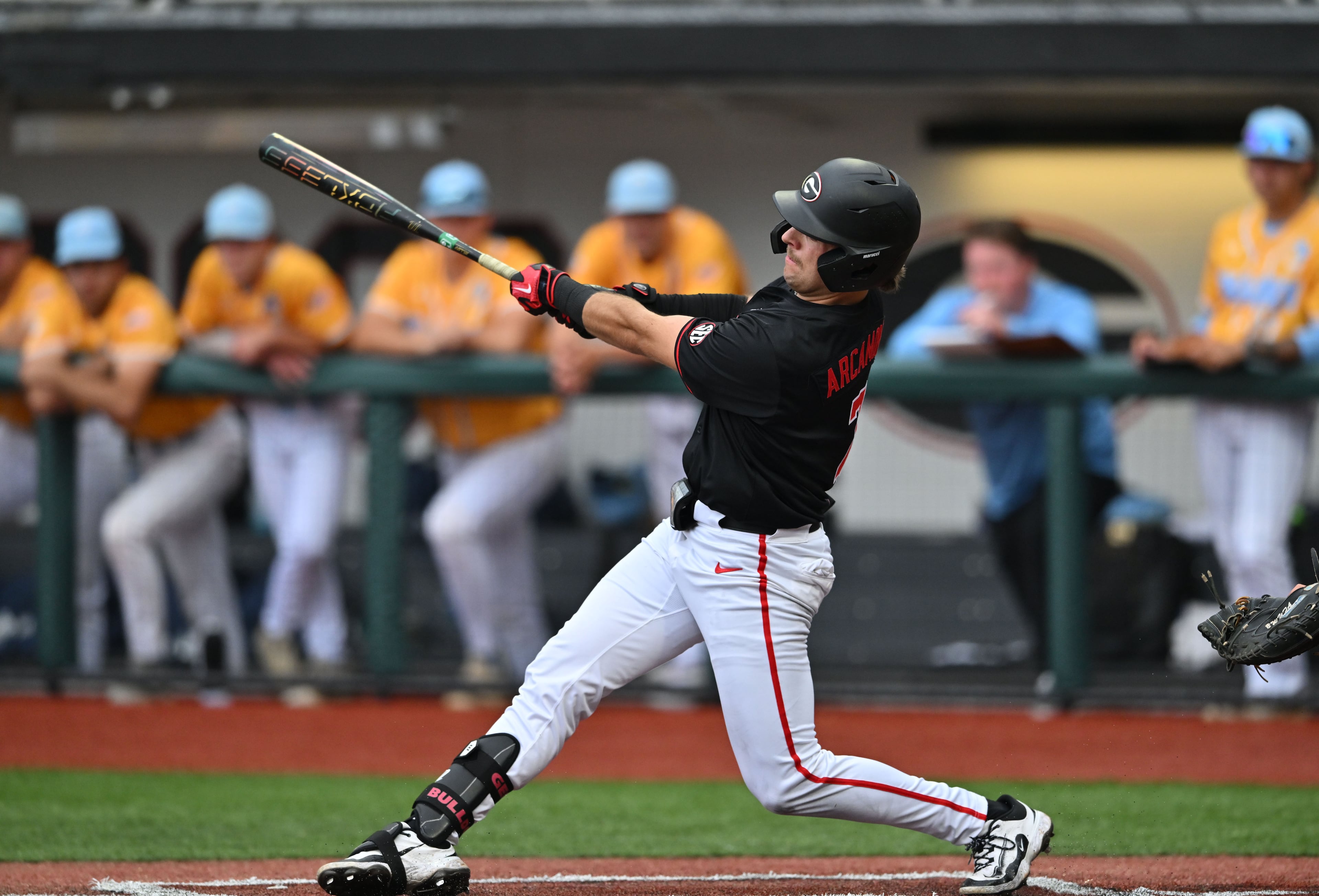 Georgia catcher Jack Arcamone (7) hits a 2-run home run during the third inning of their NCAA Regional game at Foley Field, Friday, May 29, 2026, in Athens. (Hyosub Shin/AJC)
