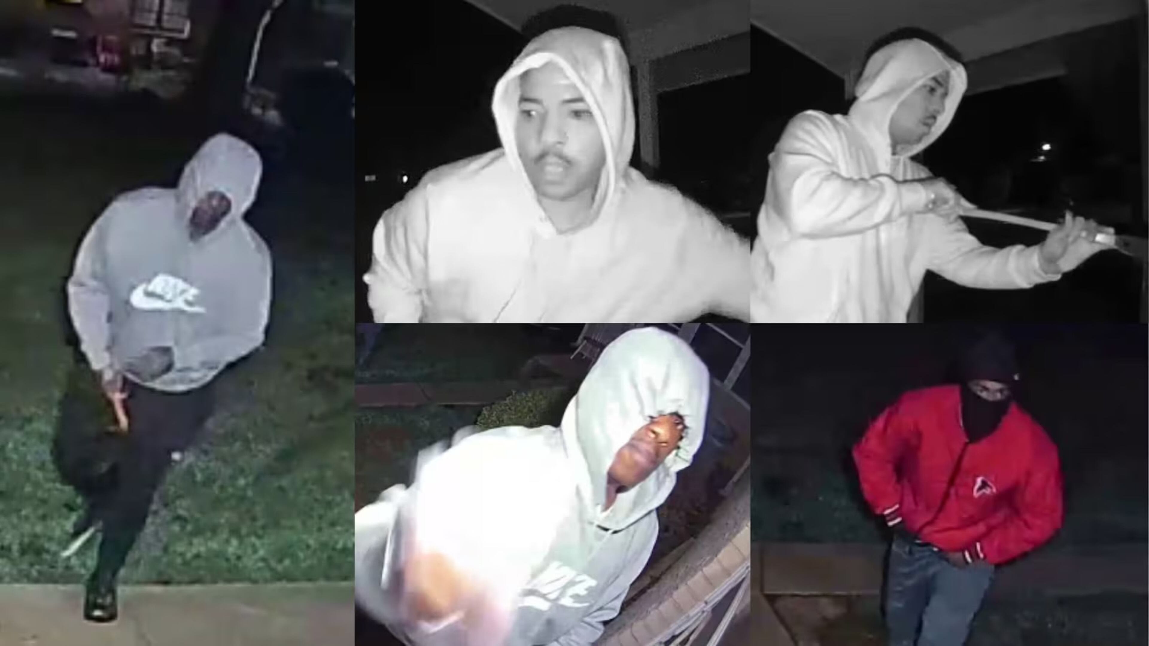 These images taken from a home doorbell camera captured suspects in a deadly burglary Saturday, Sept. 20, 2025, in DeKalb County. The homeowner was killed upon returning home after because she saw video of people she believed were breaking into her home. (Courtesy of WSB)