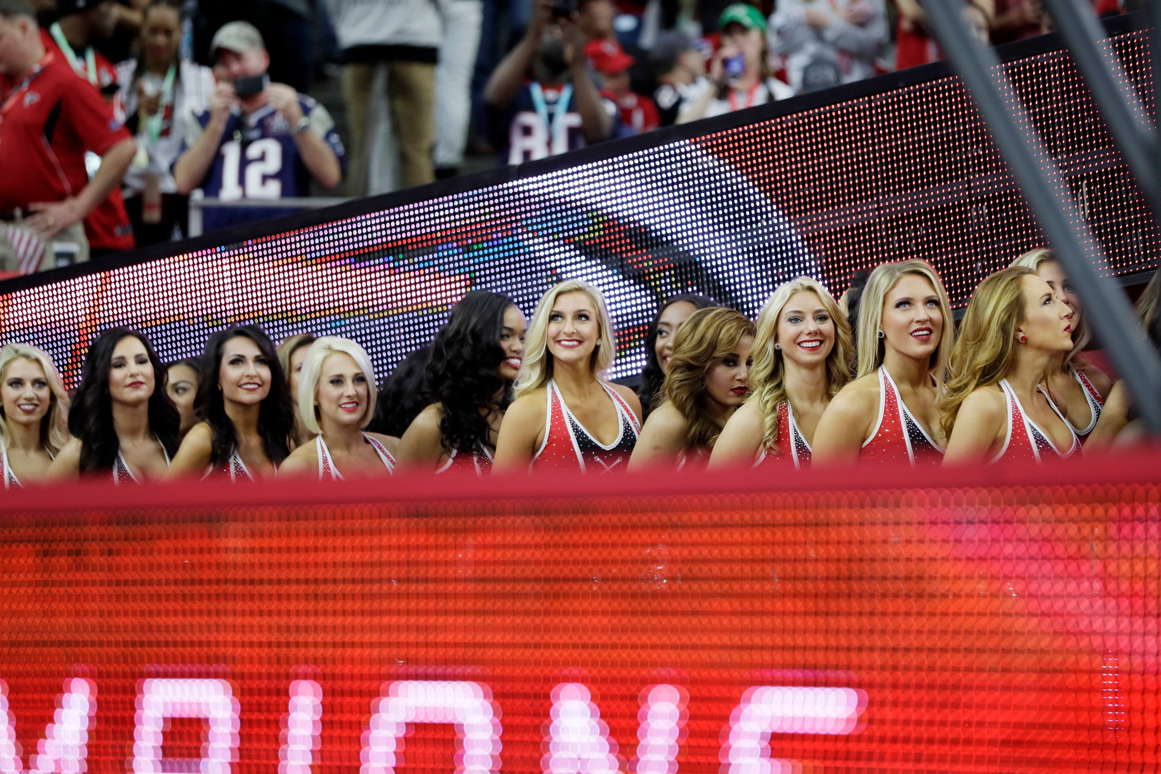Atlanta Falcons cheerleaders stand on the sideline during the first half of the NFL Super Bowl 51 football game against the New England Patriots, Sunday, Feb. 5, 2017, in Houston. (AP Photo/Mark Humphrey)
