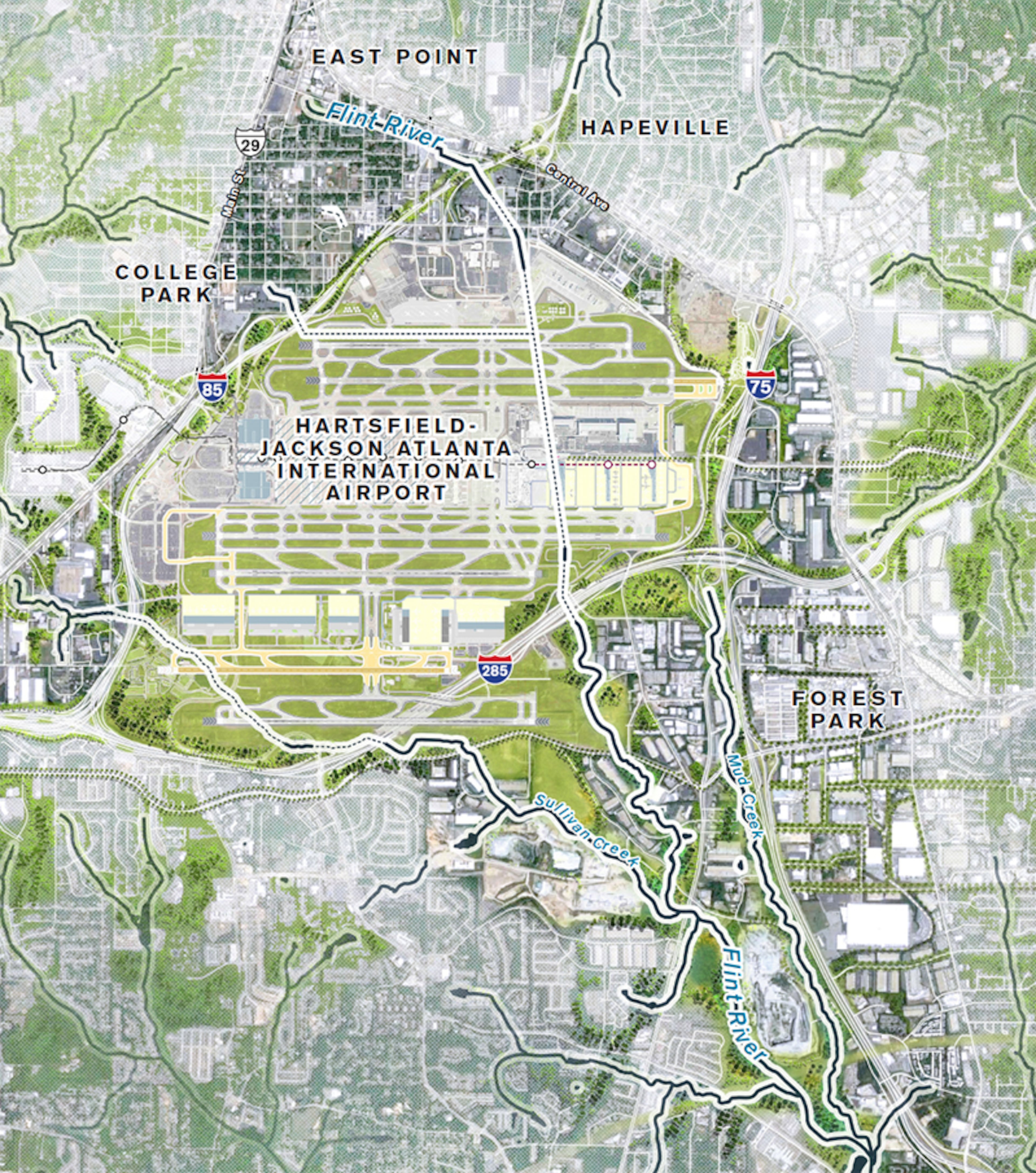 The Flint River begins just north of Hartsfield-Jackson International Airport, and a portion of it — marked here as a dotted line through the right-center of the airport — flows beneath it. (Finding the Flint)