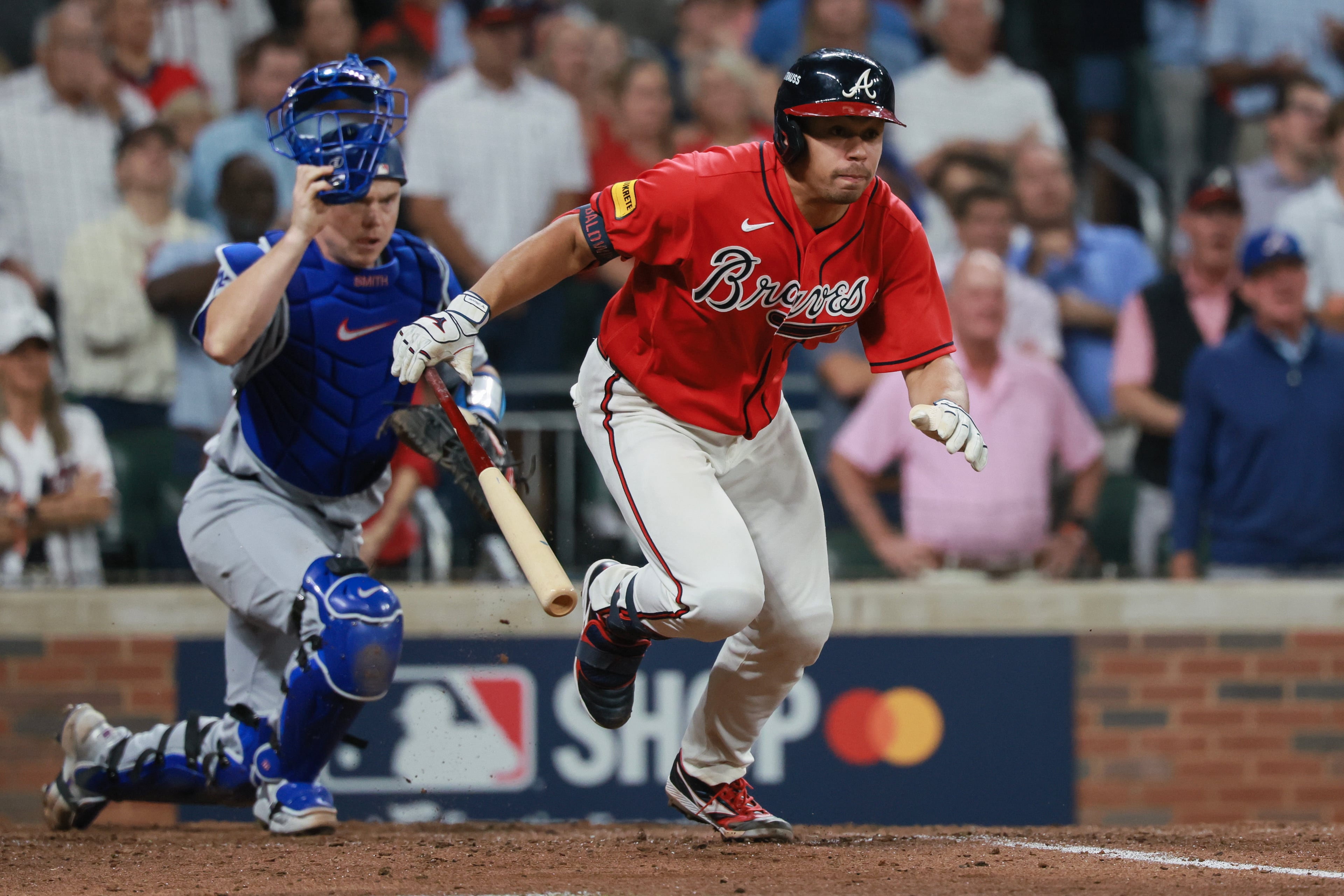 Braves catcher Drake Baldwin hits an RBI bases loaded ground out against the Dodgers during Game 3 of their National League Division Series on Tuesday, Oct. 6, 2026, in Atlanta. (Jason Getz/AJC)