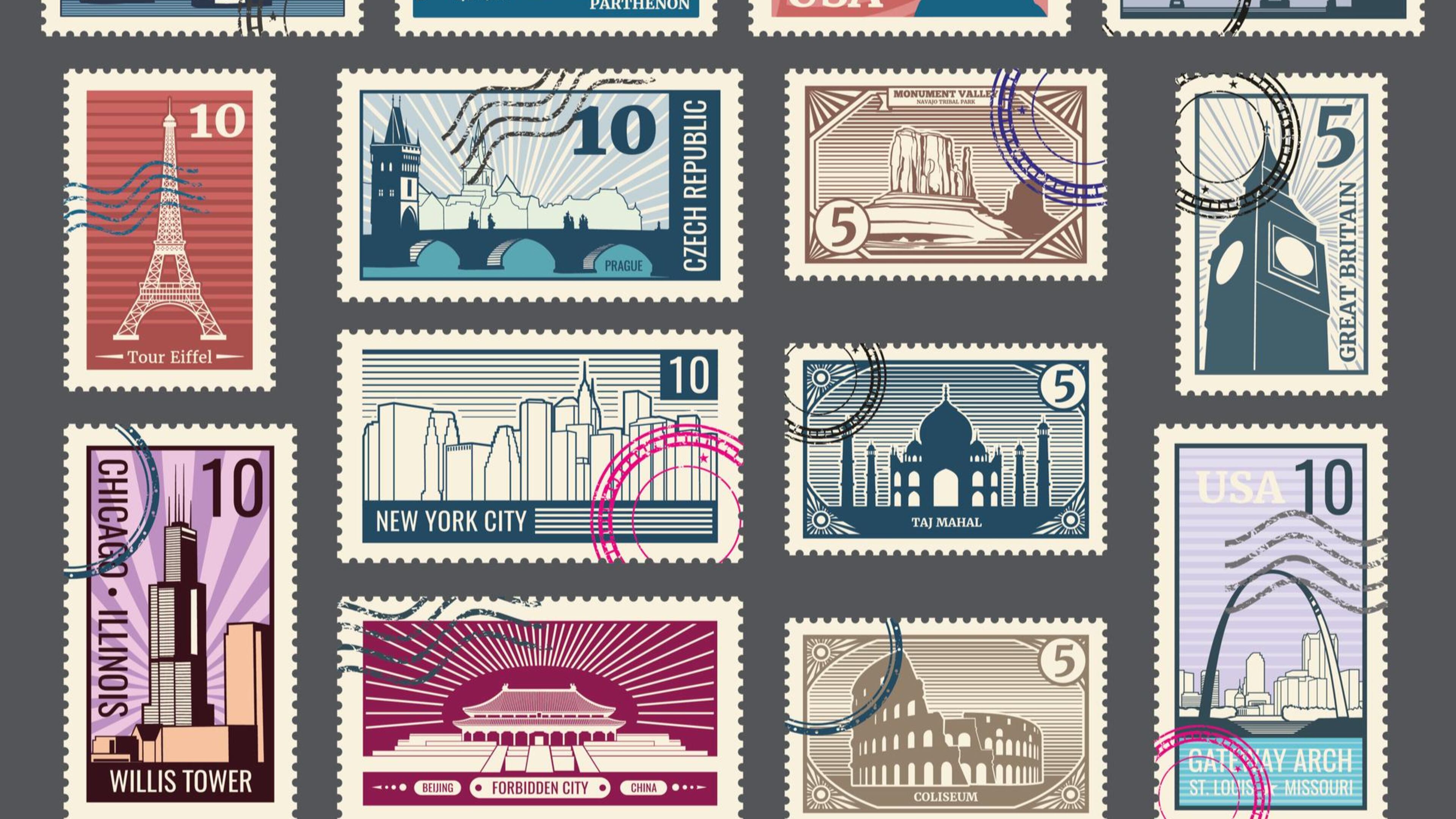 Travel and vacation postage stamps with historic architecture and world landmarks. A film producer in Florida allegedly used a stamp scheme to embezzle millions of dollars from his employer.