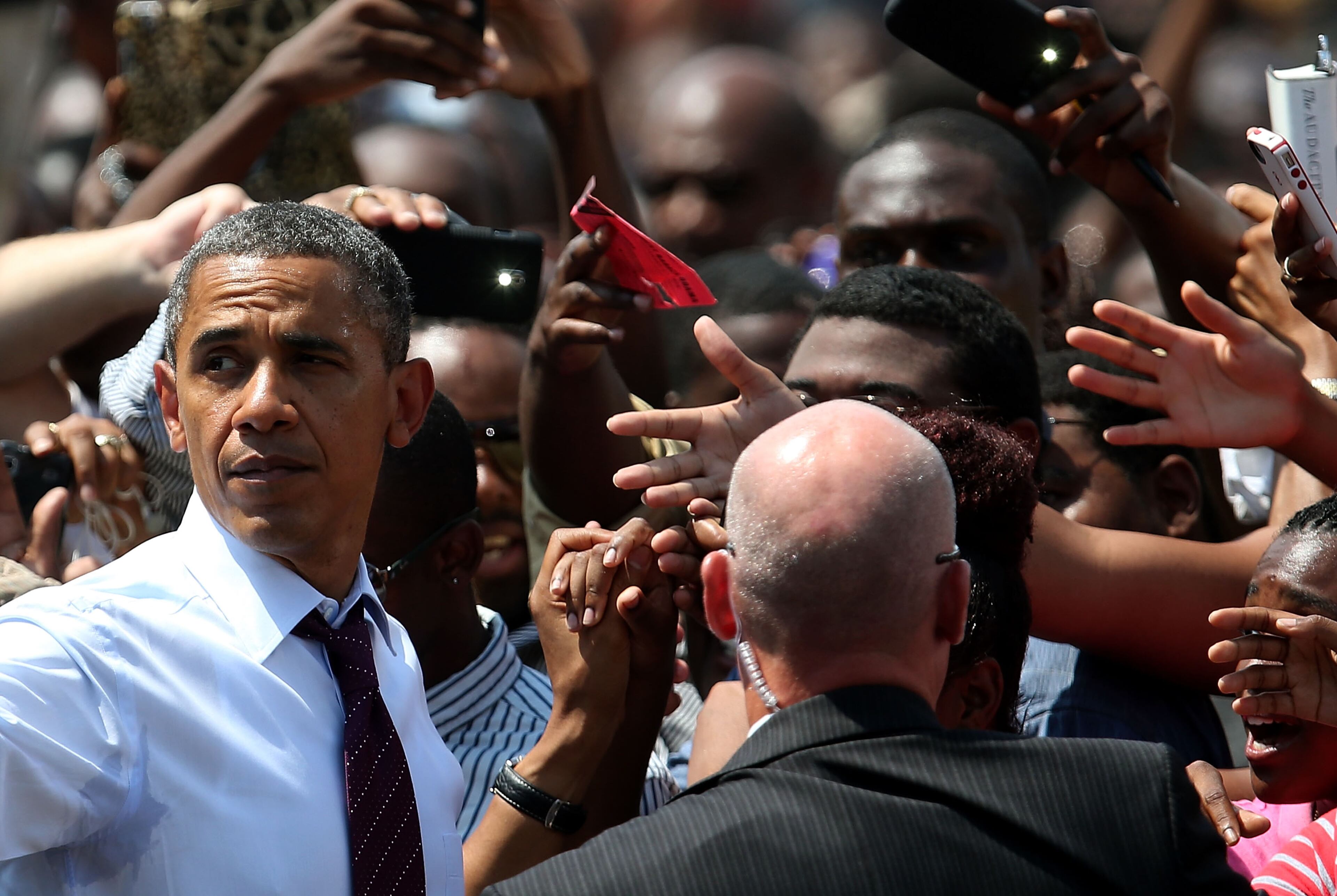 U.S. President Barack Obama greets supporters during a campaign rally at Norfolk State University on September 4, 2012 in Norfolk, Virginia. On Thursday President Obama will officially accept his presidential nomination at the 46th Democratic National Convention in Charlotte, North Carolina. (Photo by Mark Wilson/Getty Images)