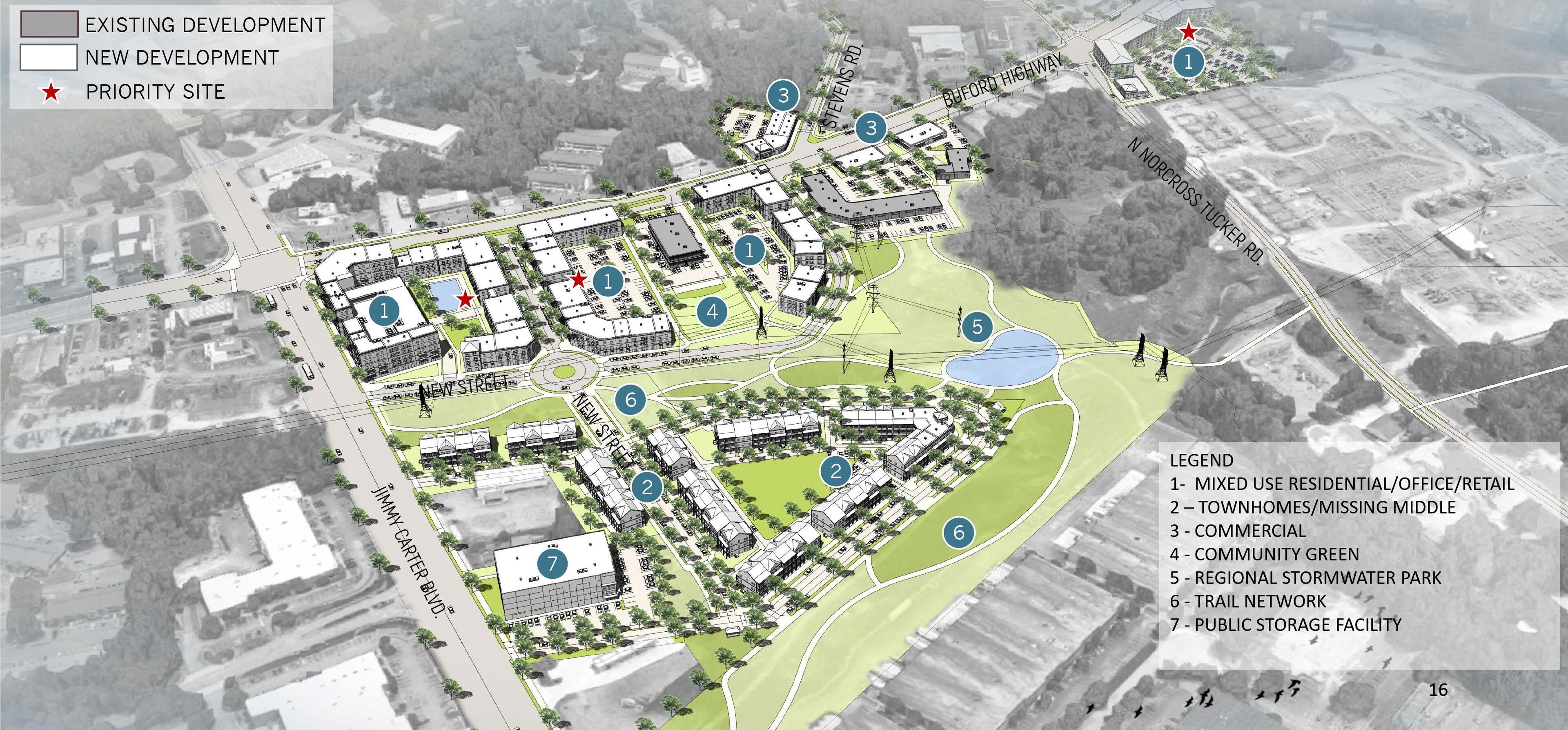 The southern end of Norcross at the intersection of Buford Highway and Jimmy Carter Boulevard. New trails, townhomes and mixed-use development could pop up along the roads. (Courtesy City of Norcross)