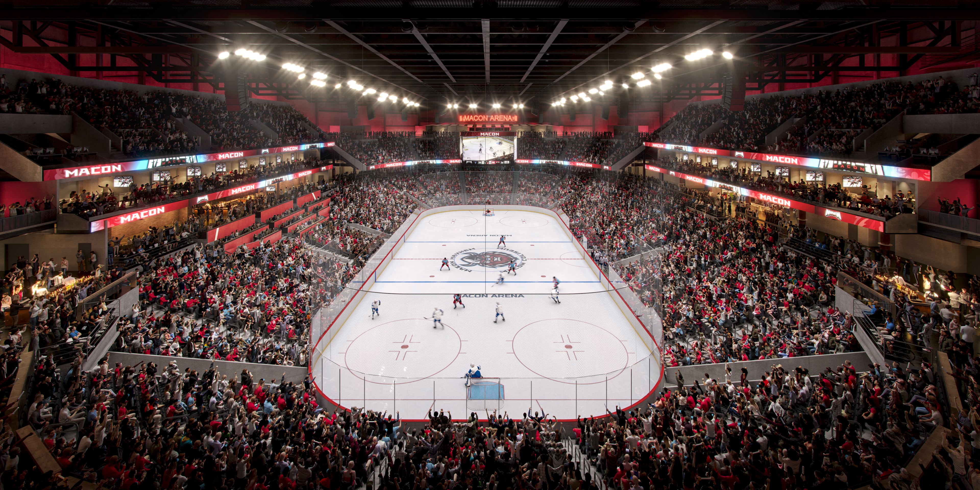A rendering highlighting the minor league hockey team, the Macon Mayhem, which is expected to make its home in Macon's planned new arena. The facility is expected to open in summer 2028. (Macon-Bibb County)