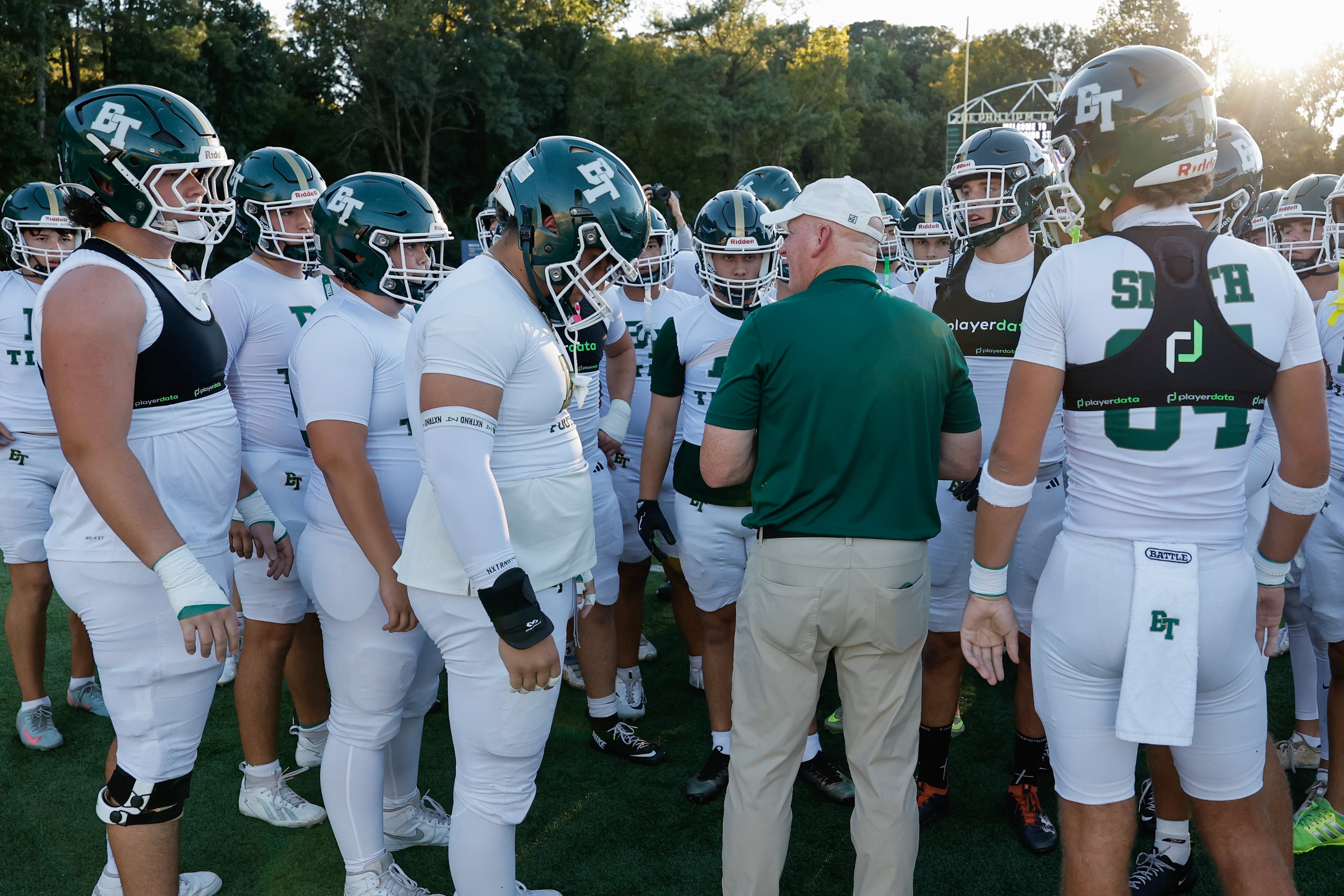 Blessed Trinity coach Ed Dudley speaks with his team before their game against Marist on Friday, Sept. 25, 2026, in Atlanta. (Erik S. Lesser for the AJC)