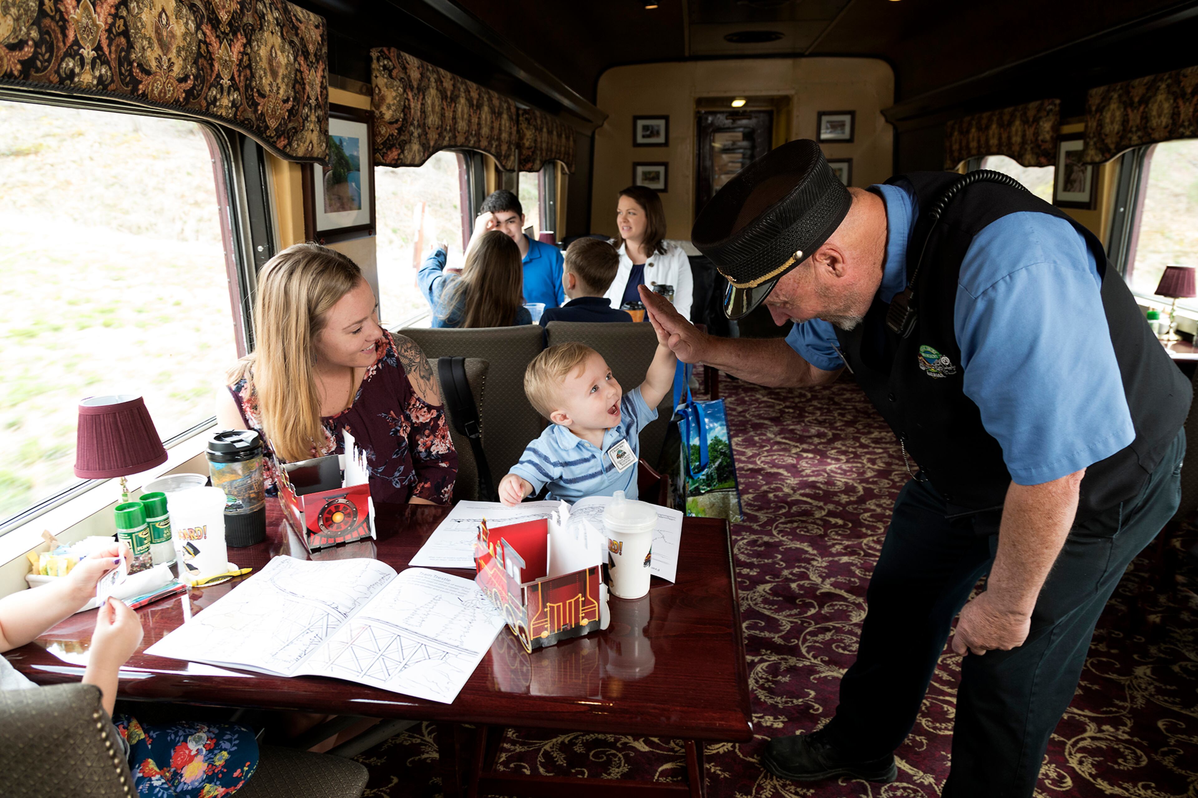 First class cars on the Great Smoky Mountains Railroad feature tables for dining and nicer appointments than the crown and coach classes.
Courtesy of GSMR.