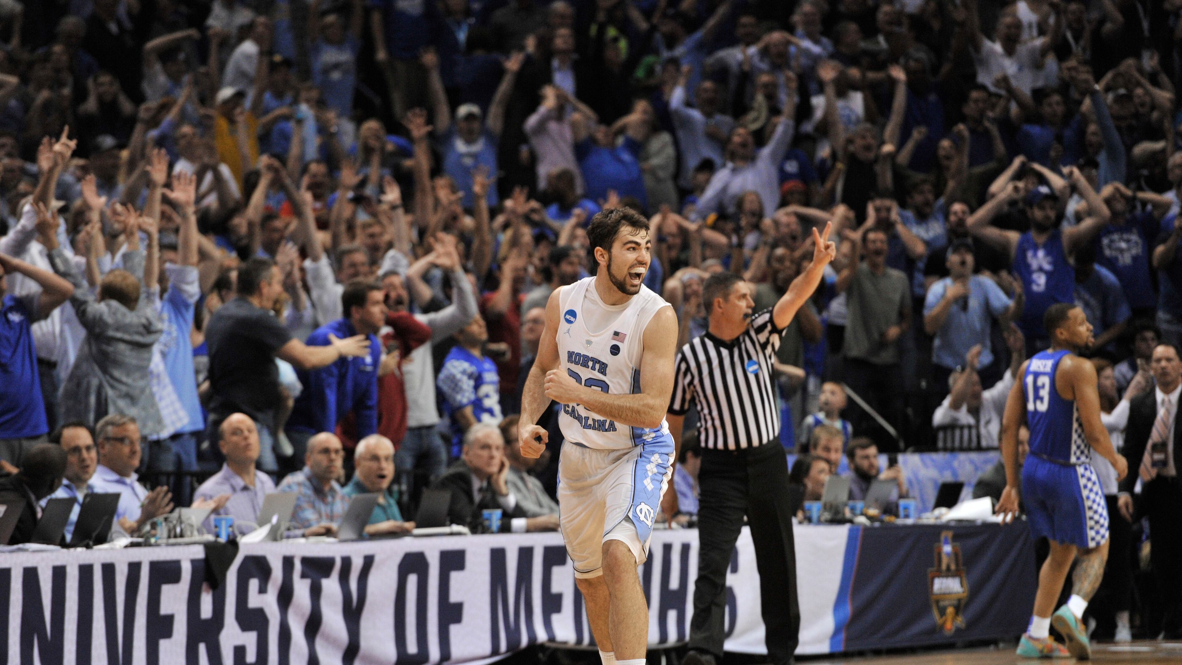 North Carolina forward Luke Maye celebrates after shooting the winning basket in the second half of the South Regional final game against Kentucky in the NCAA college basketball tournament Sunday, March 26, 2017, in Memphis, Tenn. The basket gave North Carolina a 75-73 win. (AP Photo/Brandon Dill)