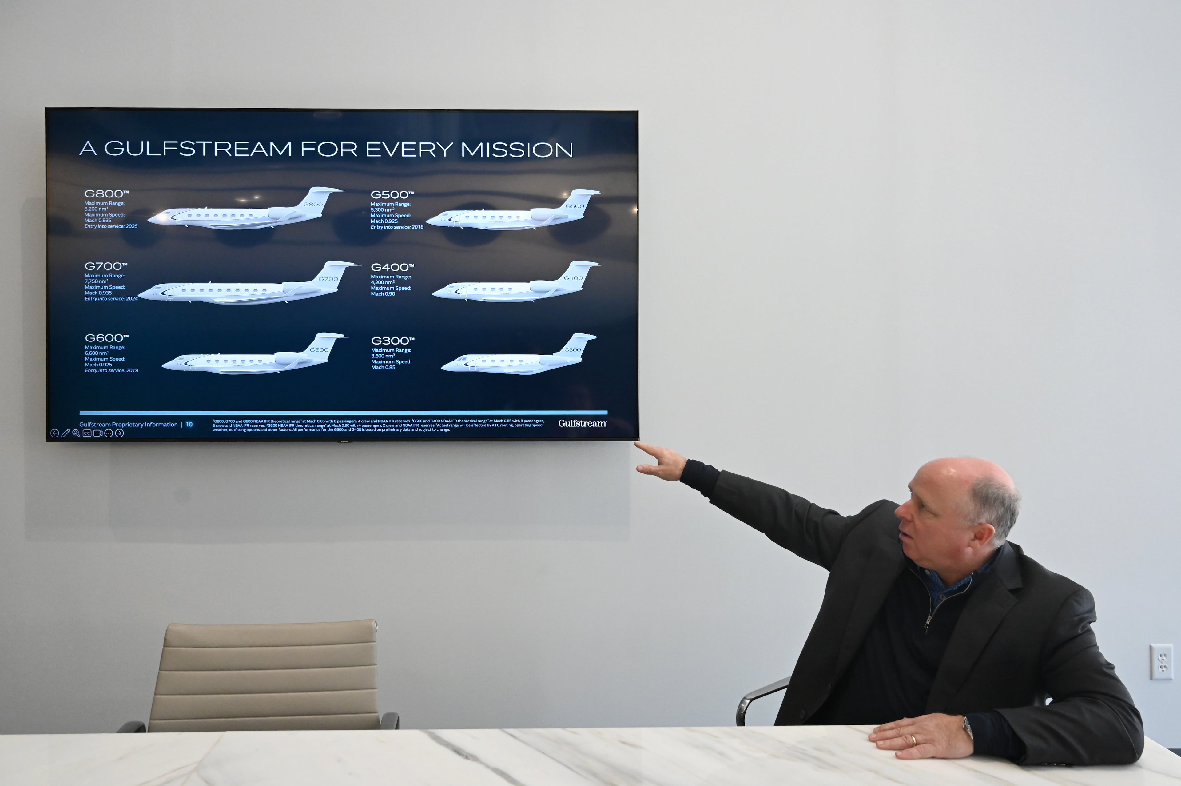 Scott Neal, senior vice president of Worldwide Sales, shows their aircraft models on a screen at Gulfstream Aerospace Corporation’s showroom, in Savannah in December. (Hyosub Shin/AJC)