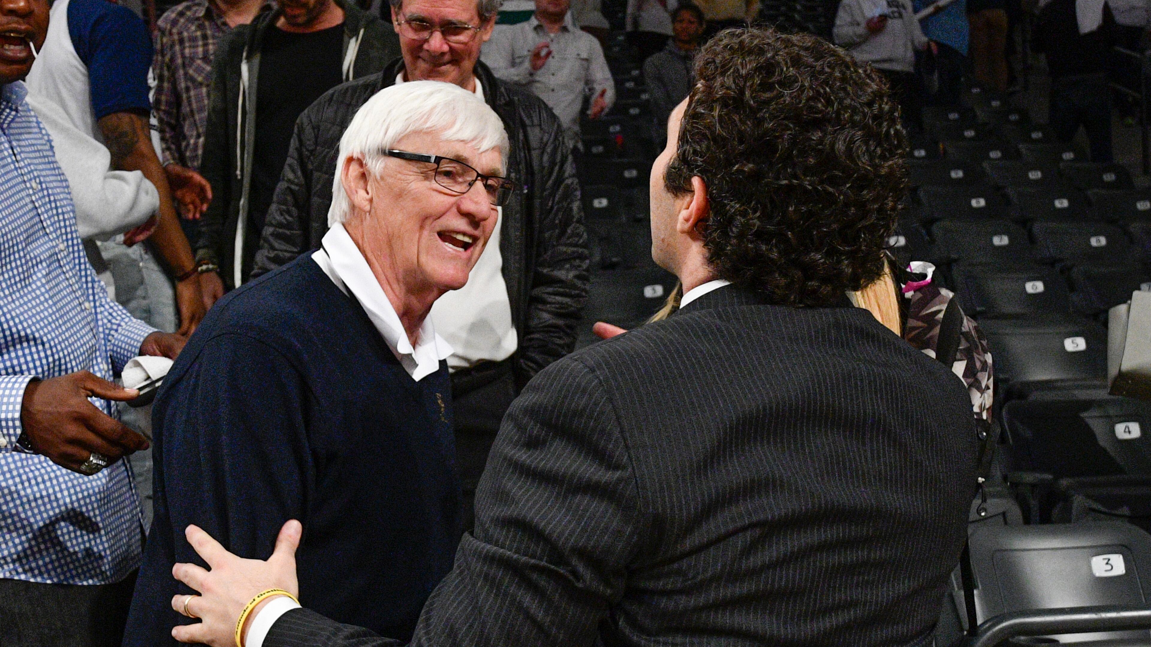 Former Georgia Tech head coach Bobby Cremins (left) congratulates Jackets coach Josh Pastner after Tech’s 71-65 upset win over Syracuse Sunday night at sold out McCamish Arena. (Photo by John Amis)