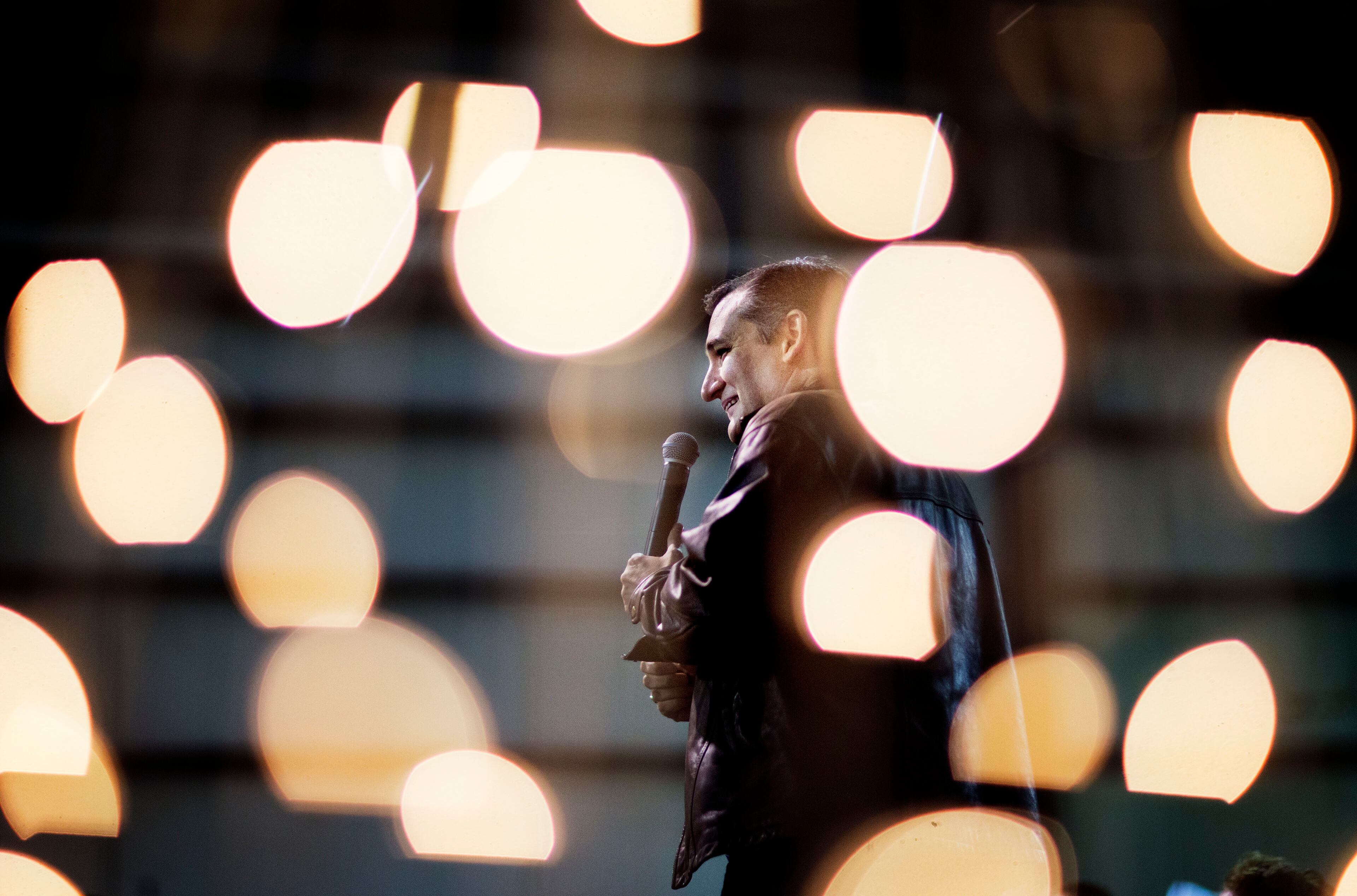 Republican presidential candidate, Sen. Ted Cruz, R-Texas, is seen through Christmas lights as he speaks during a campaign event Friday, Dec. 18, 2015, in Kennesaw, Ga. (AP Photo/David Goldman)
