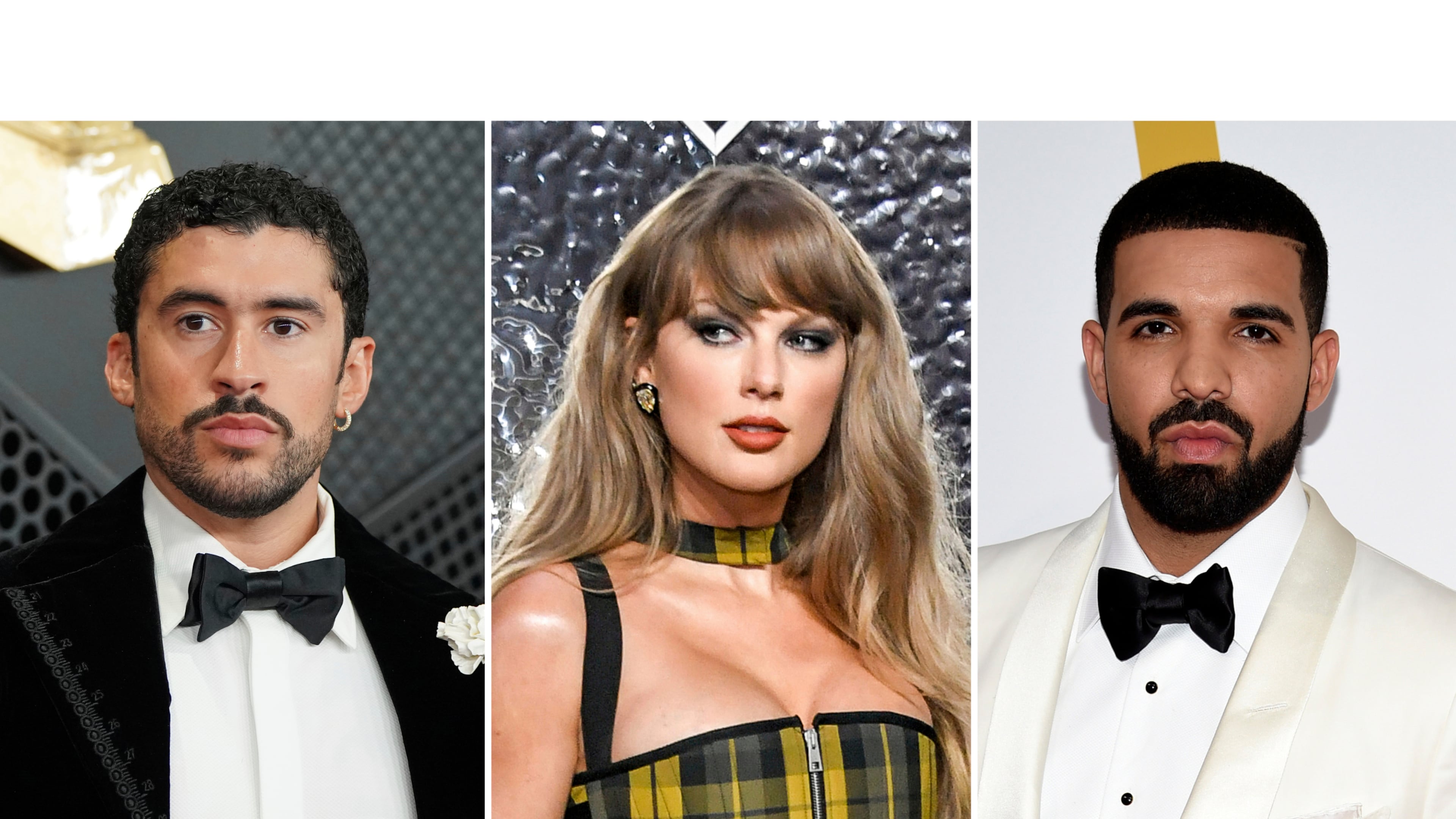This combination of images show entertainers, from left, Bad Bunny, Taylor Swift and Drake. (AP Photo)