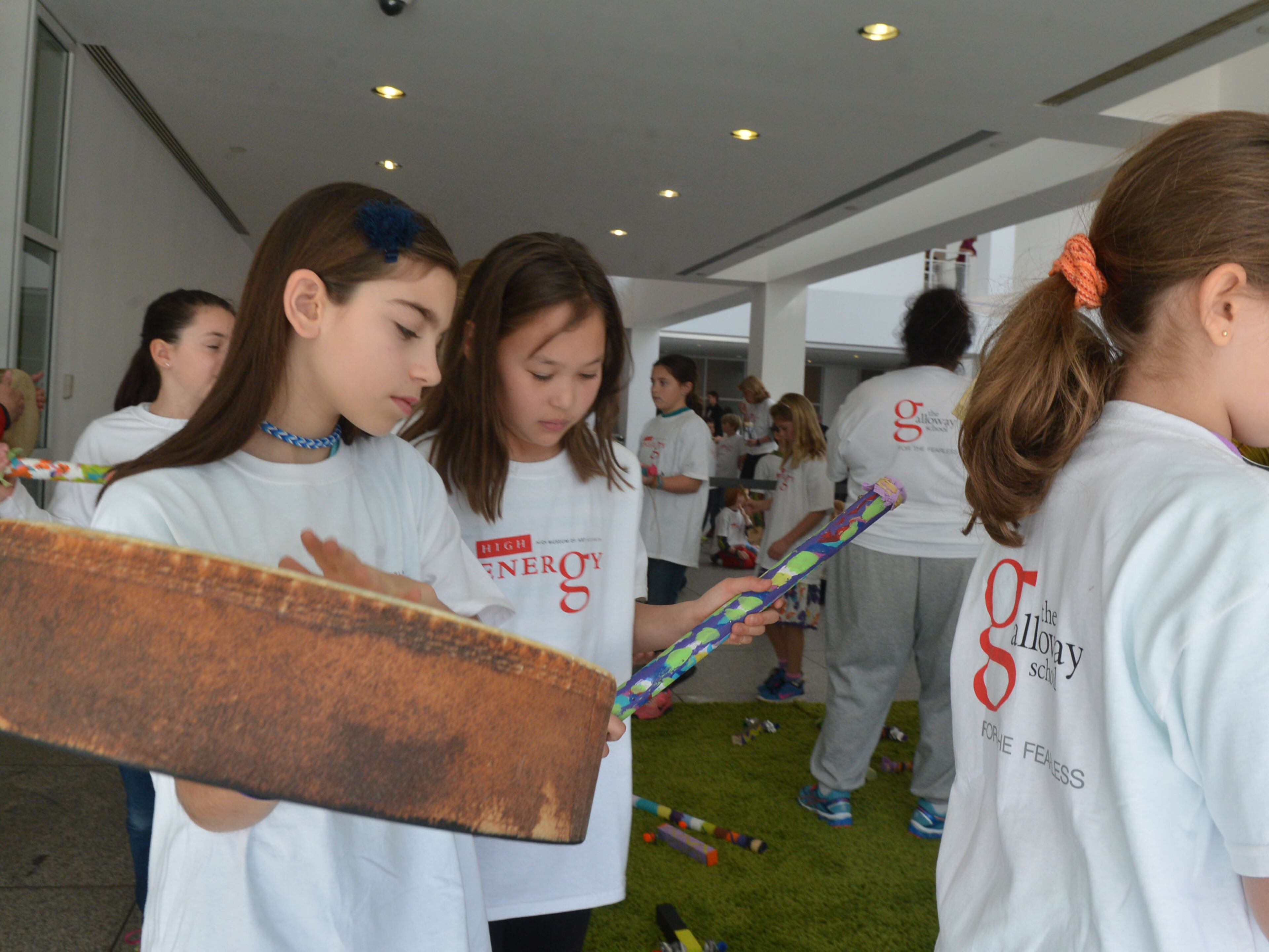 Fourth grade students Sydney Feld (left) and Sasha Johnson, both 10, perform on musical instruments performing Primal Symphony during their school session at the High Monday, February 24, 2014. The High Museum has partnered with the Galloway School to offer their students a day of school with "no walls." The museum was closed completely Monday to allow these students - ages 3-18- the opportunity to learn all of their core subjects (math, reading, science, etc) through the different art exhibitions at the Museum. They interacted with the current art exhibitions at the High to learn their subjects. This is the first time the Museum has allowed an entire school to come in and learn for the day. Galloway is the first school in Atlanta (and the state of GA) to experience school with no walls.