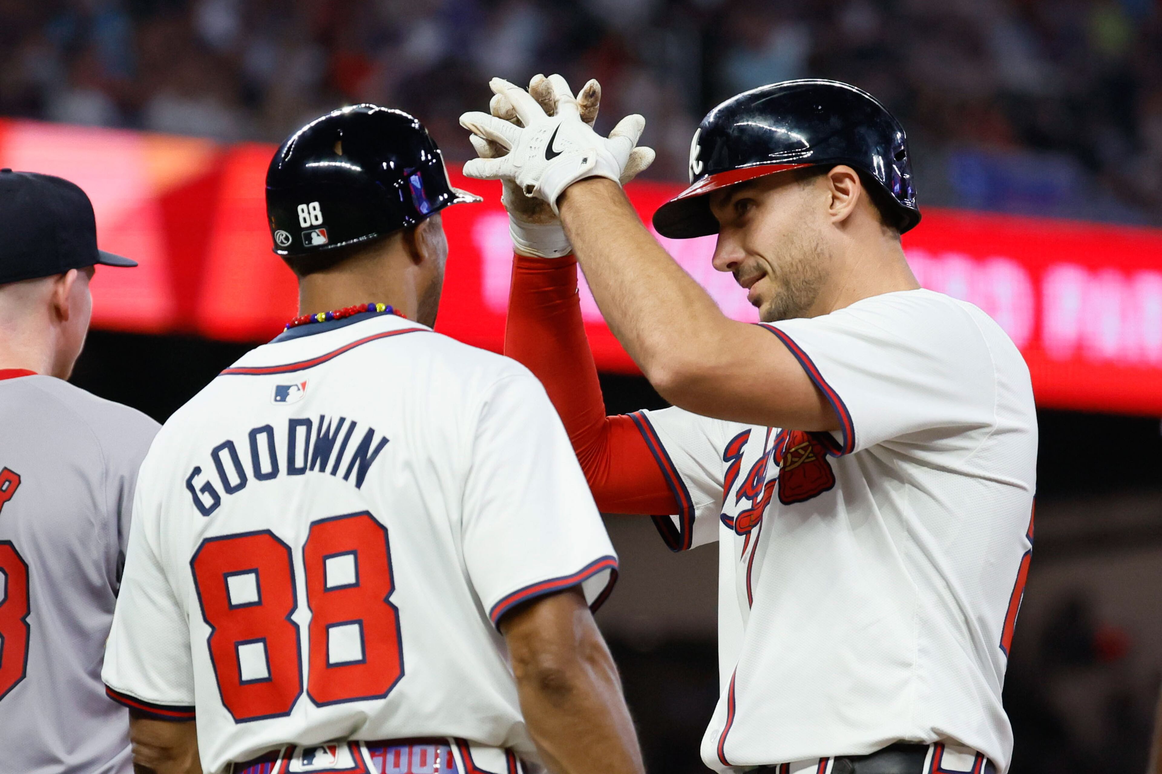 Atlanta Braves first baseman Matt Olson (28) reacts after hitting a single during the sixth inning against the Boston Red Sox at Truist Park on Tuesday, May 7, 2024, in Atlanta. The Braves won 4-2. (Miguel Martinez/ AJC)