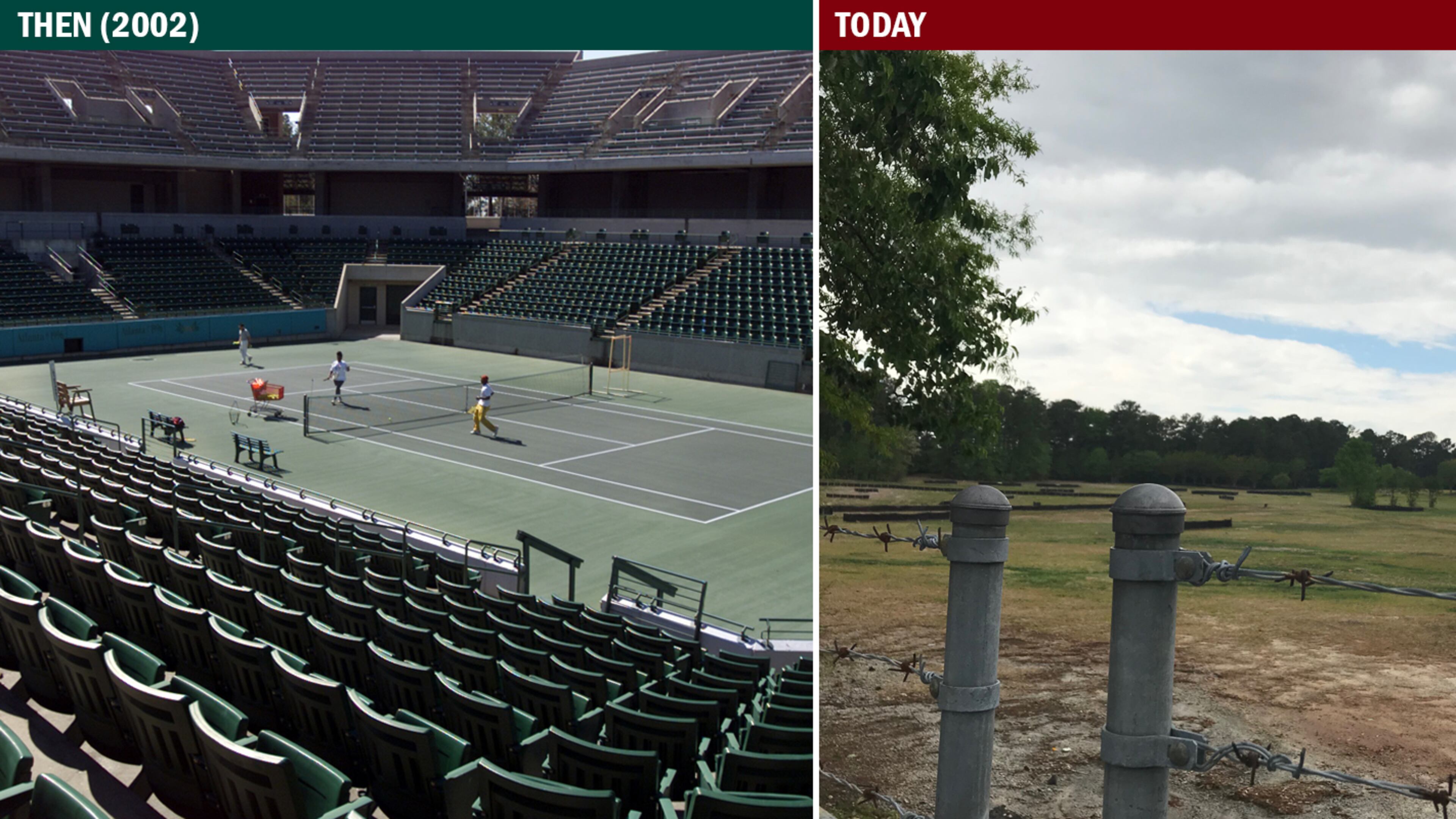 The Stone Mountain Tennis Center was built to host the tennis events for the 1996 Summer Olympic Games. The stadium, which sat 12,000 fans during the Games, was surrounded by 15 outer courts. After the Olympics, the stadium was reconfigured to 7,200 seats and continued to host tennis events. Over time, however, the site fell into disuse and was demolished in 2017. The land has been cleared for whatever development may come next. (Phil Skinner, Tyler Estep / AJC)
