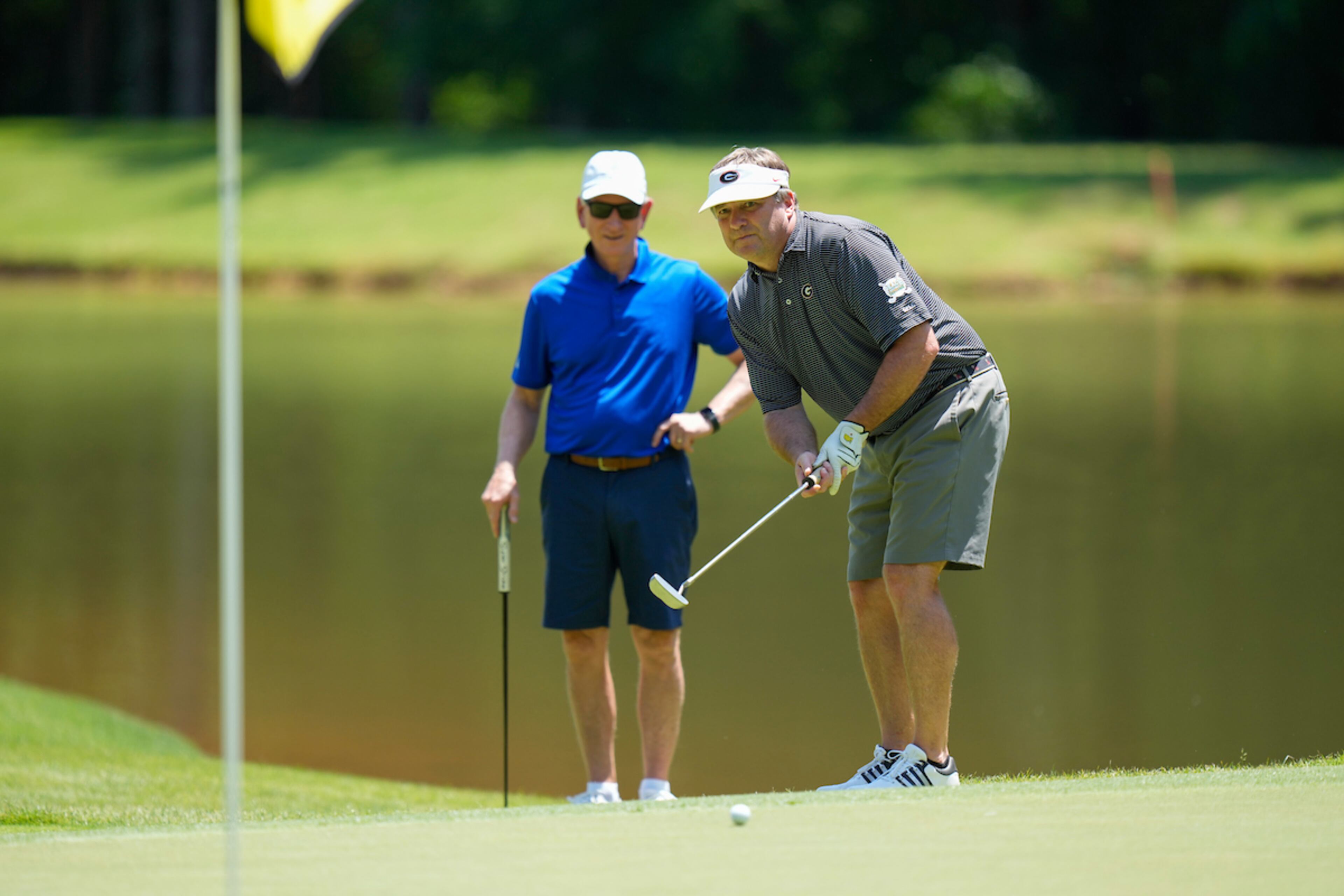 Georgia football coach Kirby Smart competes in the Peach Bowl charity golf tournament on Tuesday, May 3, 2022, in Greensboro, Ga. (Paul Abell/Abell Images)