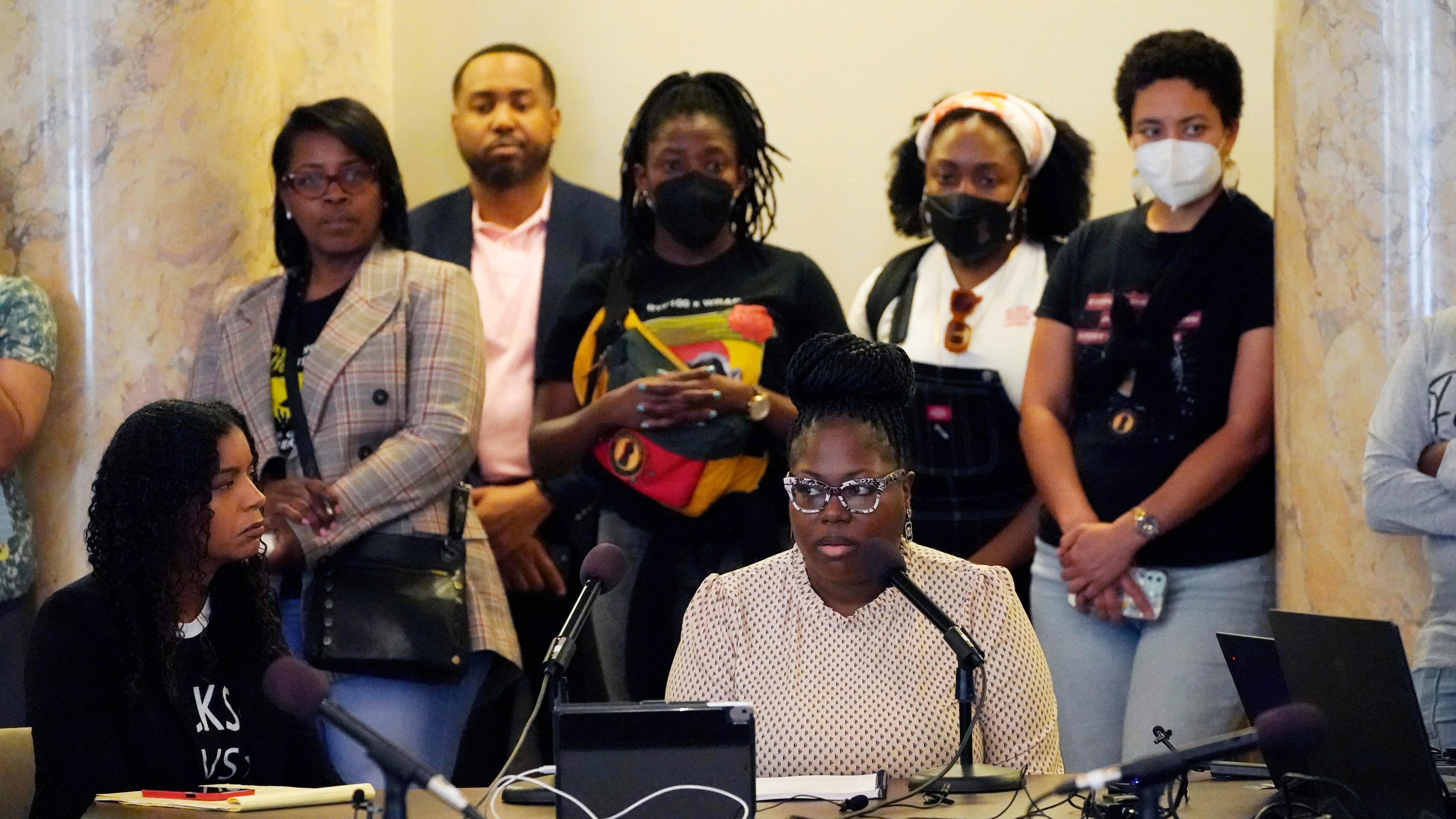FILE - Arkela Lewis, bottom right, the mother of Jaylen Lewis, who was shot to death during an encounter with officers of the Mississippi Capitol Police department, testifies before members of the Jackson delegation of the Mississippi Legislature at the Mississippi State Capitol on March 6, 2023, in Jackson, Miss. (AP Photo/Rogelio V. Solis, File)