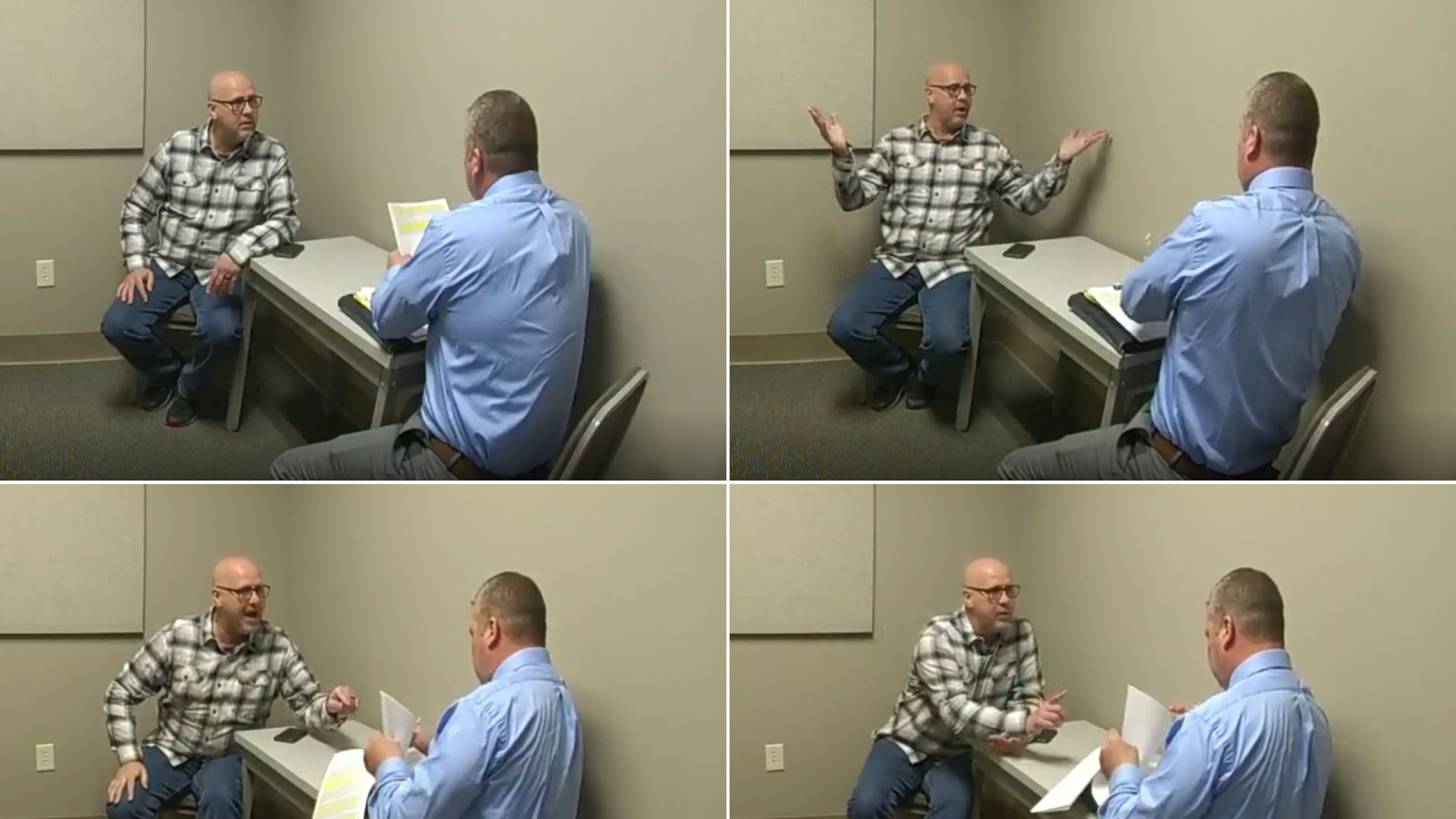 In an interview with then-Sgt. Anthony Sims on March 1, 2024, Bradley Reynolds, left, denied that he had a sexual relationship with Hayle Swinson and denied any knowledge of the more than 300 emails that she had presented to police. (Courtesy of White County Sheriff's Department)