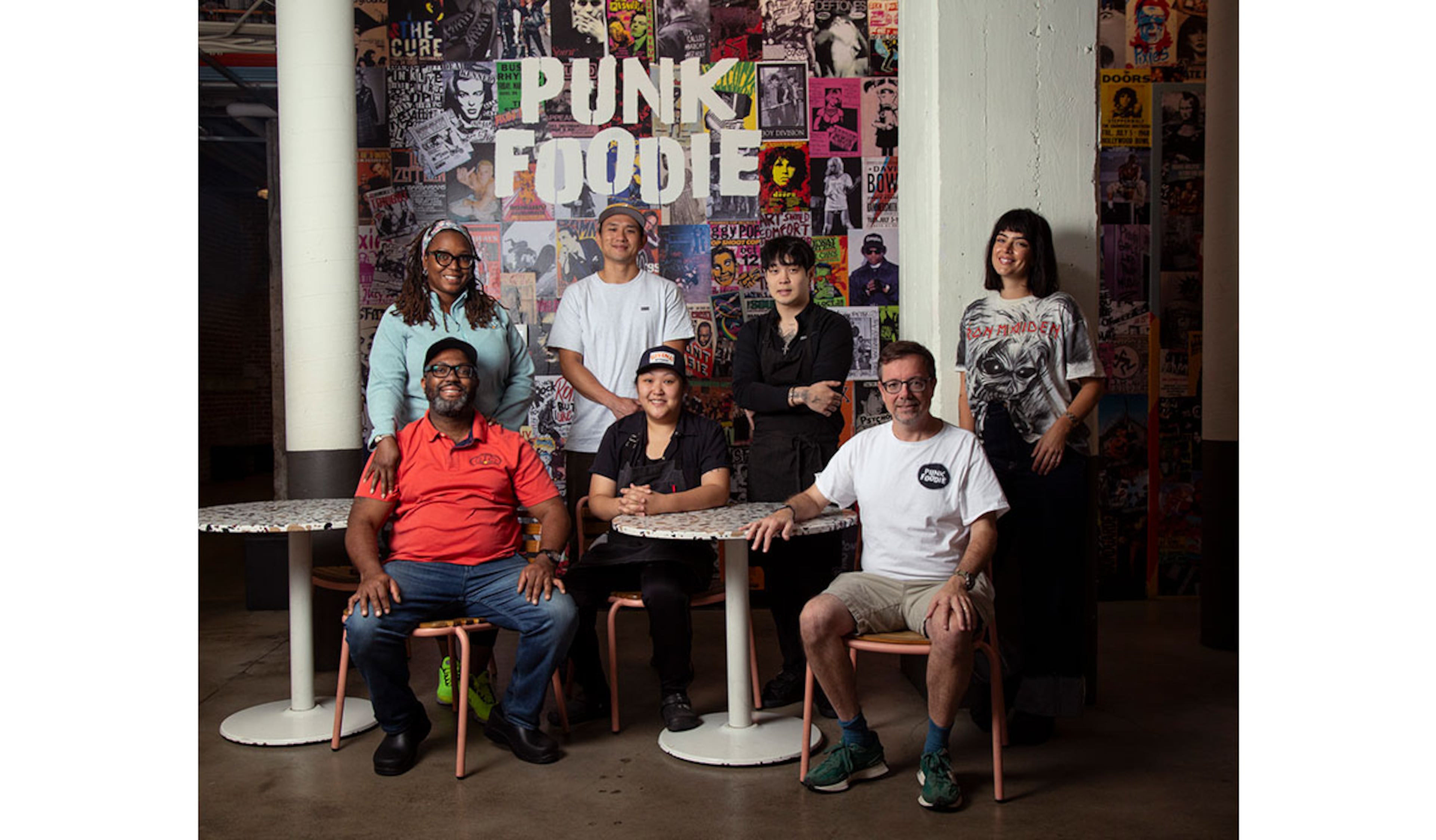 Punk Foodie founder Sam Flemming (front row right) is seen with pop-up chefs (from left) Jimmie Jackson and Phya J. of JJC Jimmie Jerk Chicken, Fu-Mao Sun of Mighty Hans, Jess Kim (center seated) and Jun Park (standing) of Ganji and designer Alynn Martinez. Martha Williams for The Atlanta Journal-Constitution