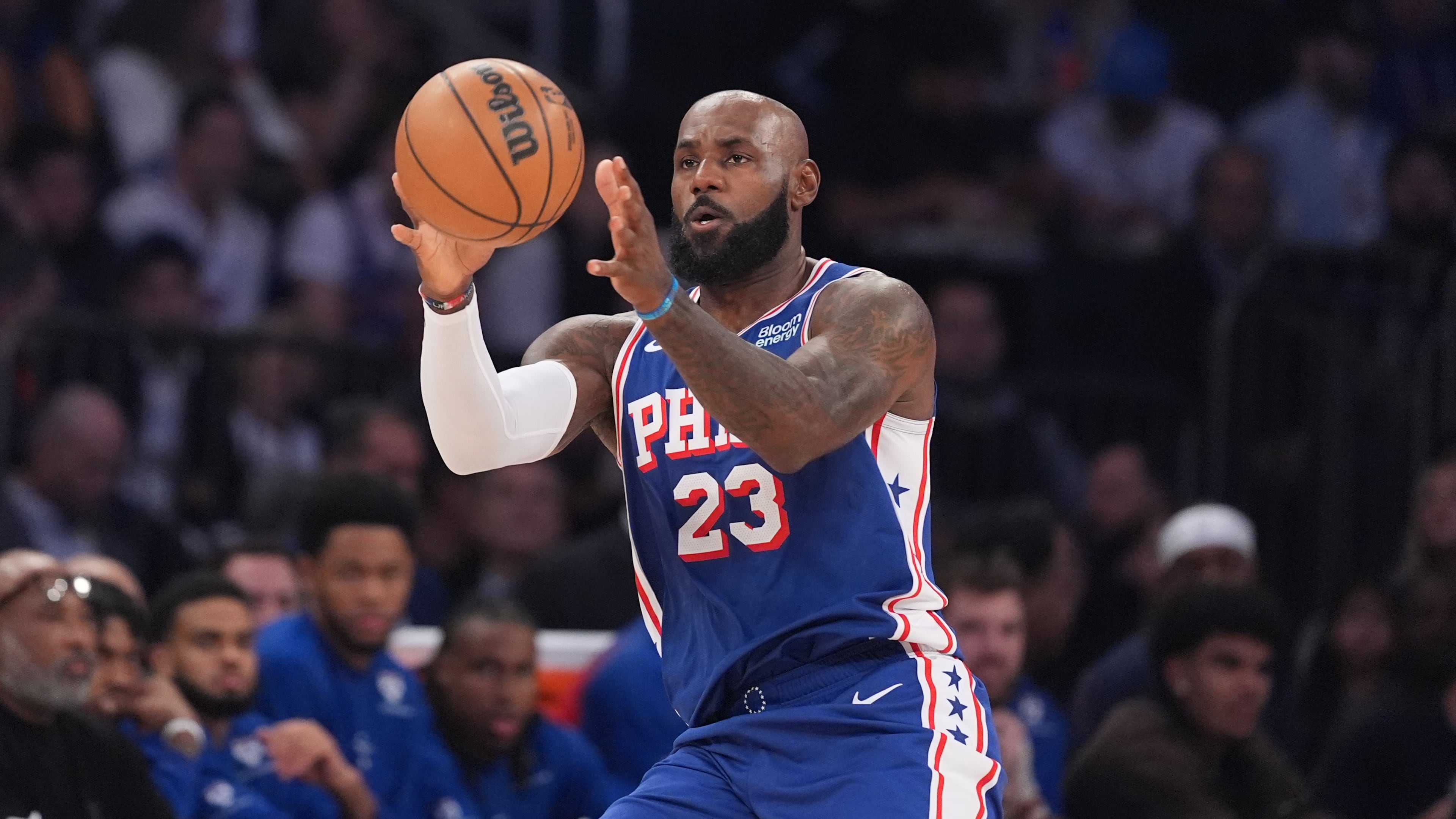 Philadelphia 76ers forward LeBron James grabs a pass during the first half of an NBA basketball game against the New York Knicks Tuesday, Oct. 20, 2026, in New York. (AP Photo/Frank Franklin II)
