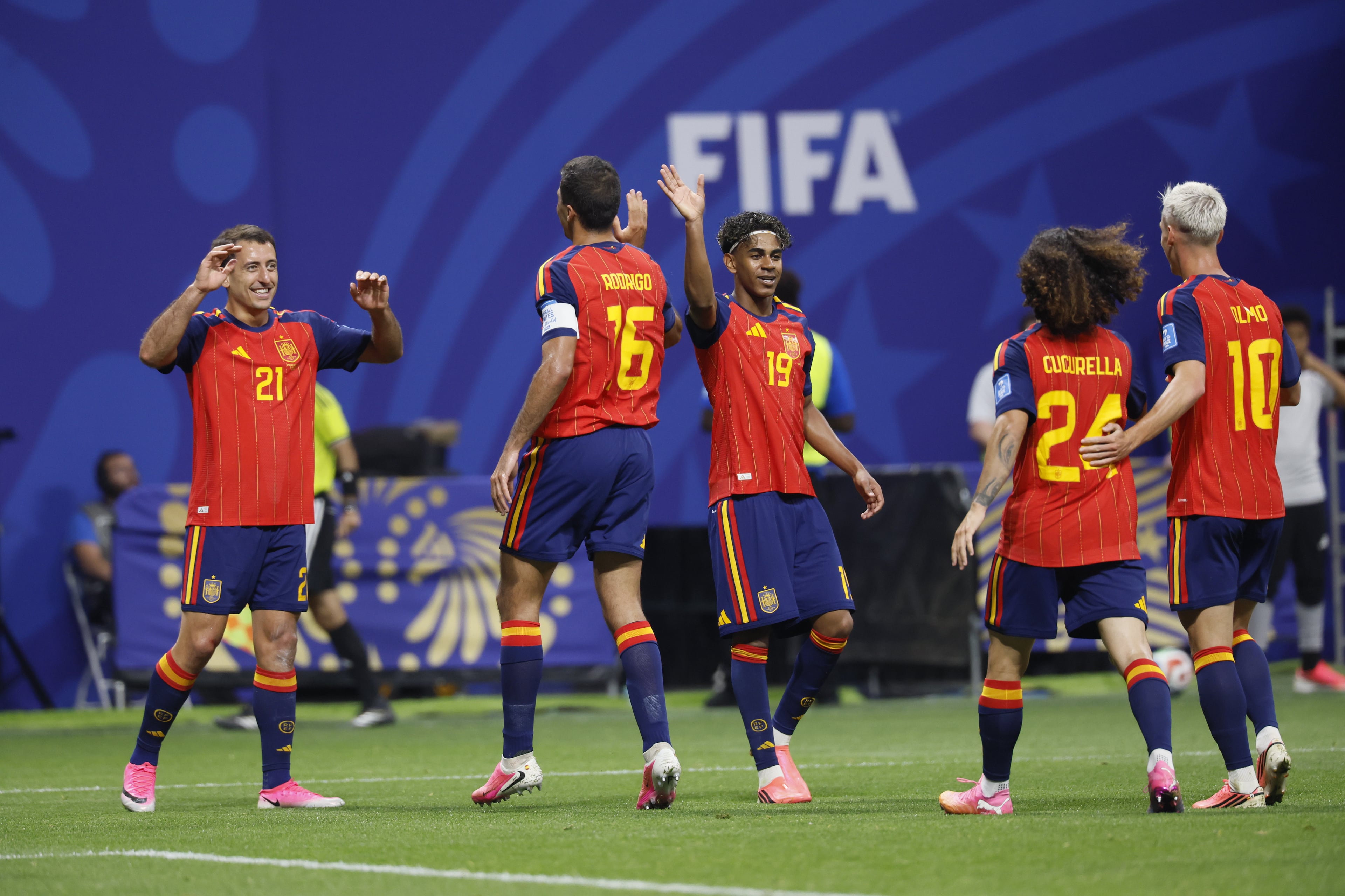 Spain celebrates the second goal by Mikel Oyarzabal (left) during the first half of the Spain vs. Saudi Arabia World Cup match Sunday, June 21, 2026, at Atlanta Stadium. (Miguel Martinez/AJC)
