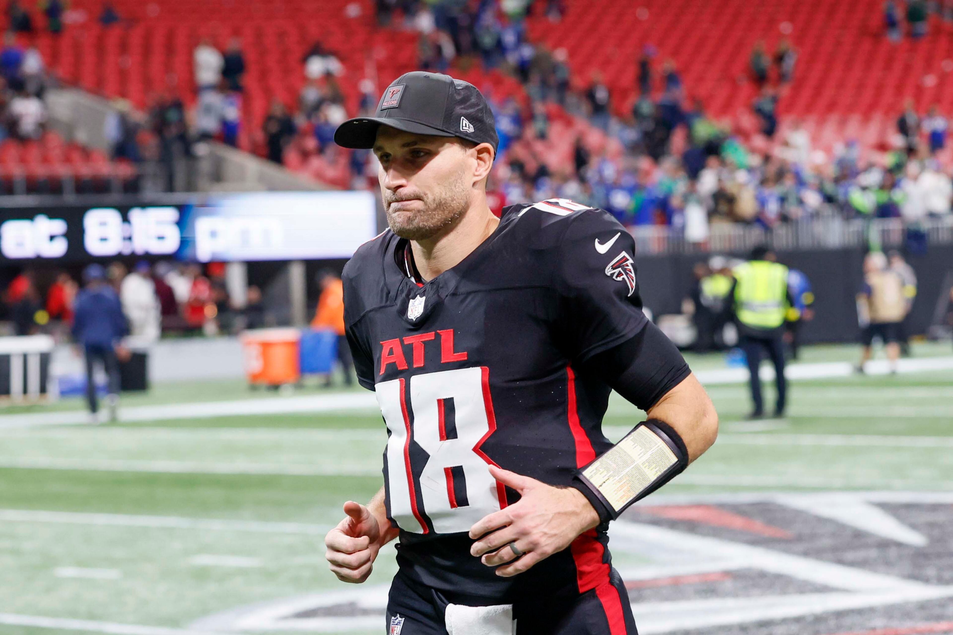 Atlanta Falcons quarterback Kirk Cousins (18) leaves the field after the game, in which the Falcons lost 37-9 to the Seattle Seahawks at Mercedes-Benz Stadium in Atlanta on Sunday, Dec. 7, 2025.
(Miguel Martinez/ AJC)