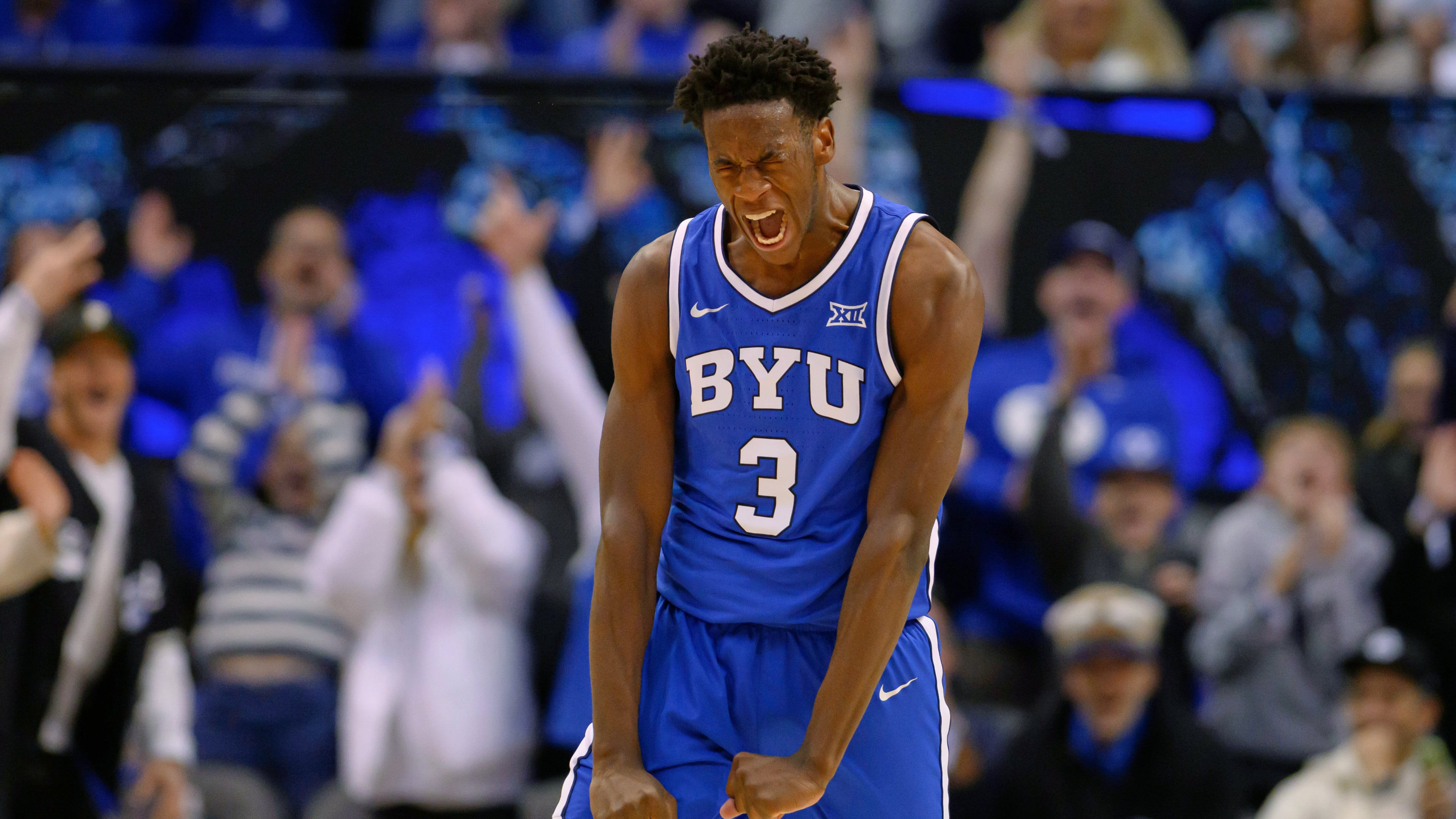 FILE - BYU forward AJ Dybantsa reacts to scoring a career high and new freshman record at BYU during the second half of an NCAA college basketball game against Utah, Saturday, Jan. 24, 2026, in Provo, Utah. (AP Photo/Tyler Tate, File)