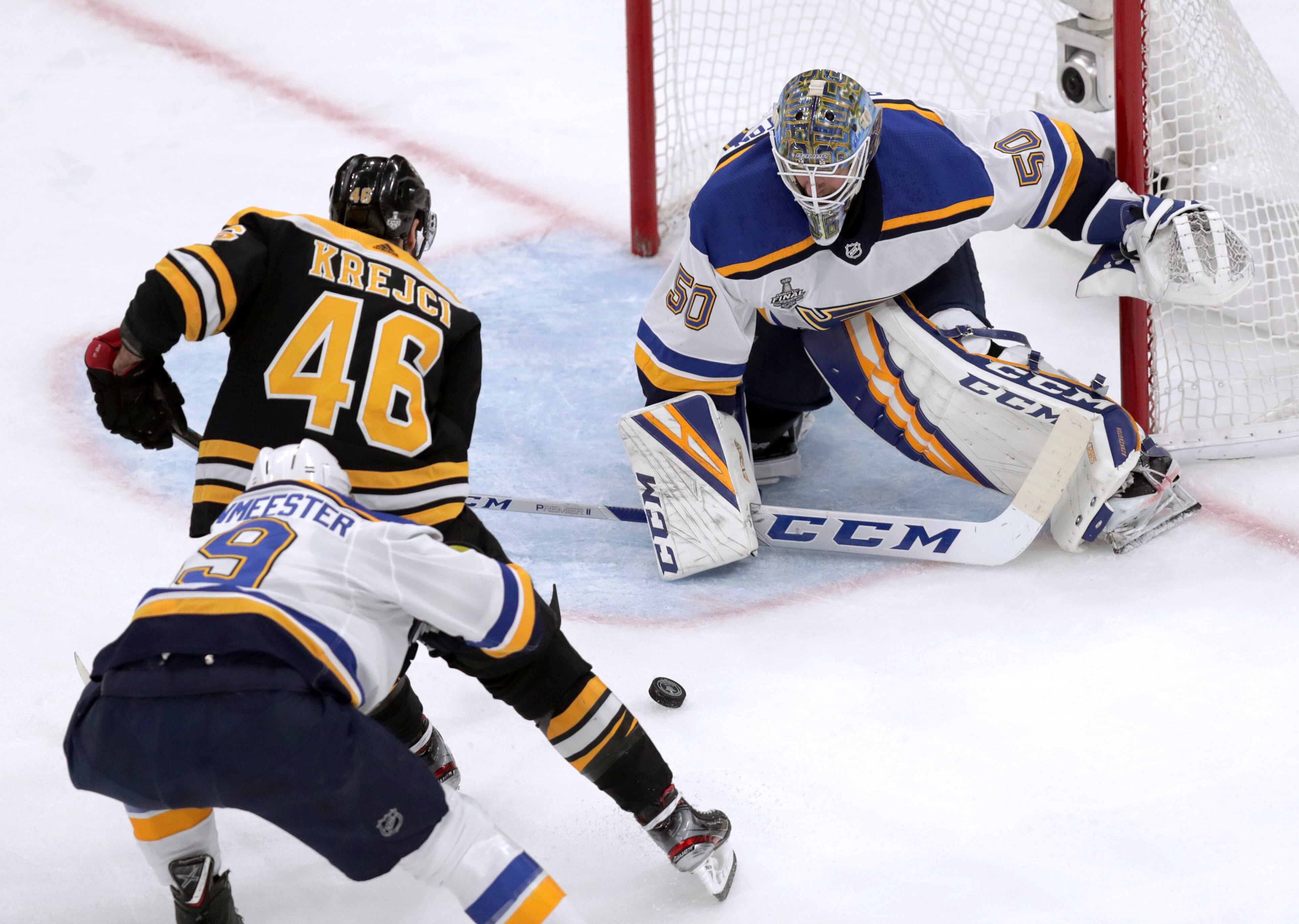 St. Louis Blues goaltender Jordan Binnington, right, defends against Boston Bruins' David Krejci (46), of the Czech Republic, during the first period in Game 7 of the NHL hockey Stanley Cup Final, Wednesday, June 12, 2019, in Boston. (AP Photo/Charles Krupa)