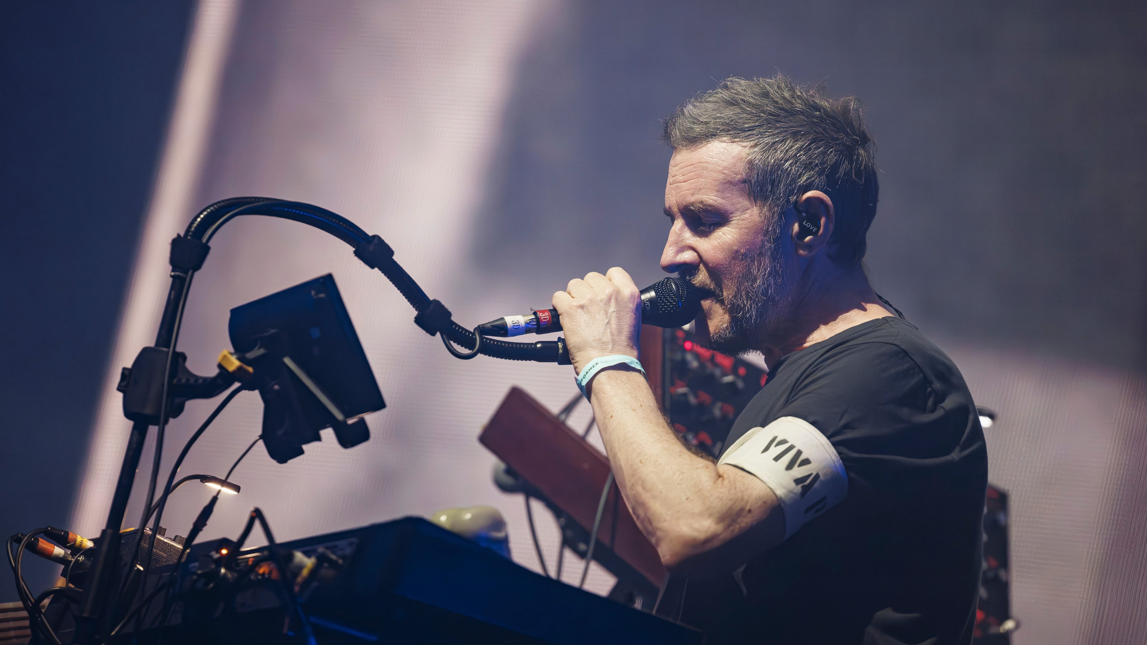 FILE - Robert Del Naja of the British Trip Hop collective Massive Attack performs on the Lake stage during the 58th Montreux Jazz Festival (MJF), in Montreux, Switzerland, July 15, 2024. (Valentin Flauraud/Keystone via AP, File)