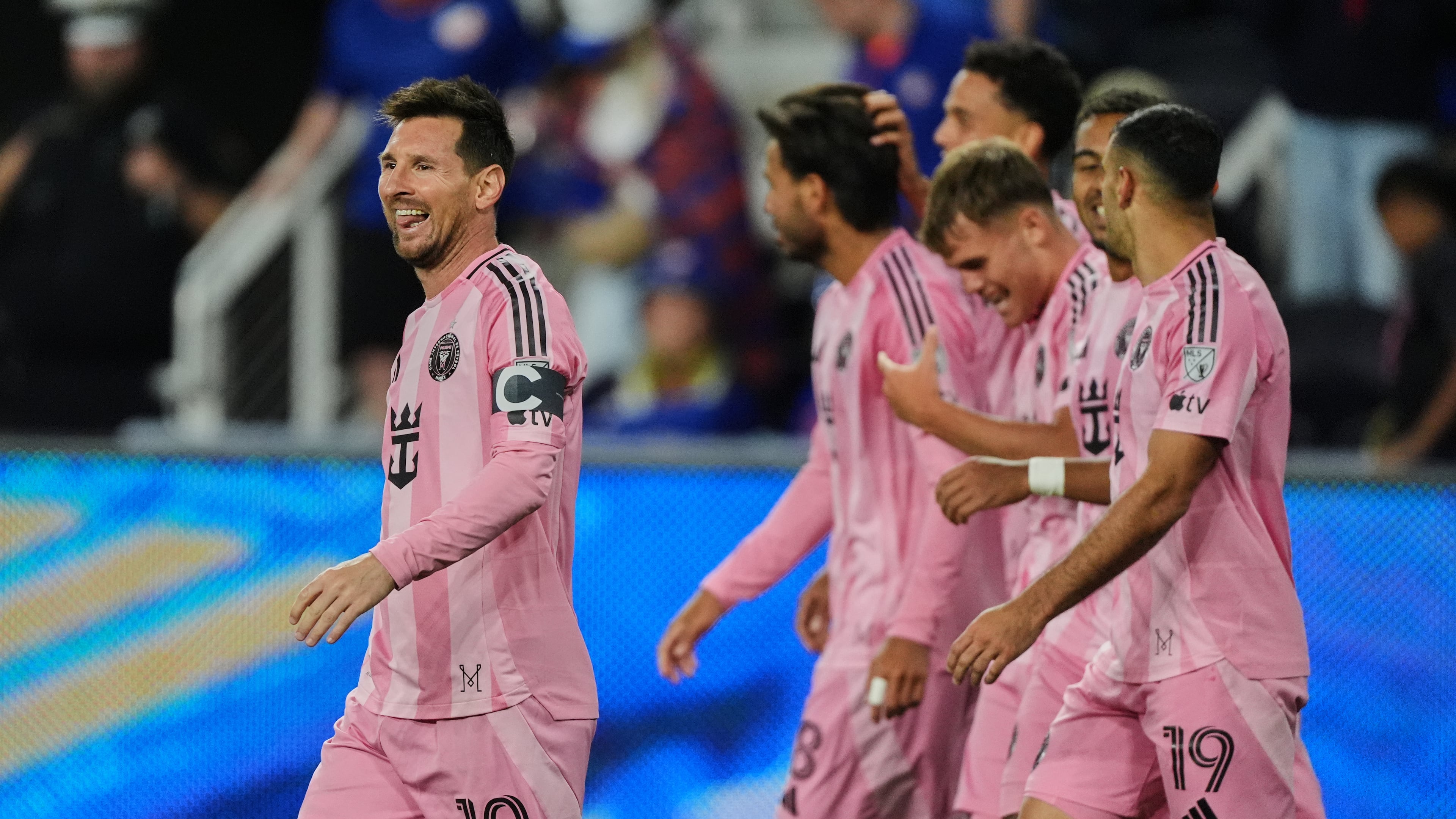 Inter Miami CF midfielder Lionel Messi, left, celebrates after scoring a goal during the second half of an MLS soccer game Wednesday, May 13, 2026, in Cincinnati. (AP Photo/Joshua A. Bickel)