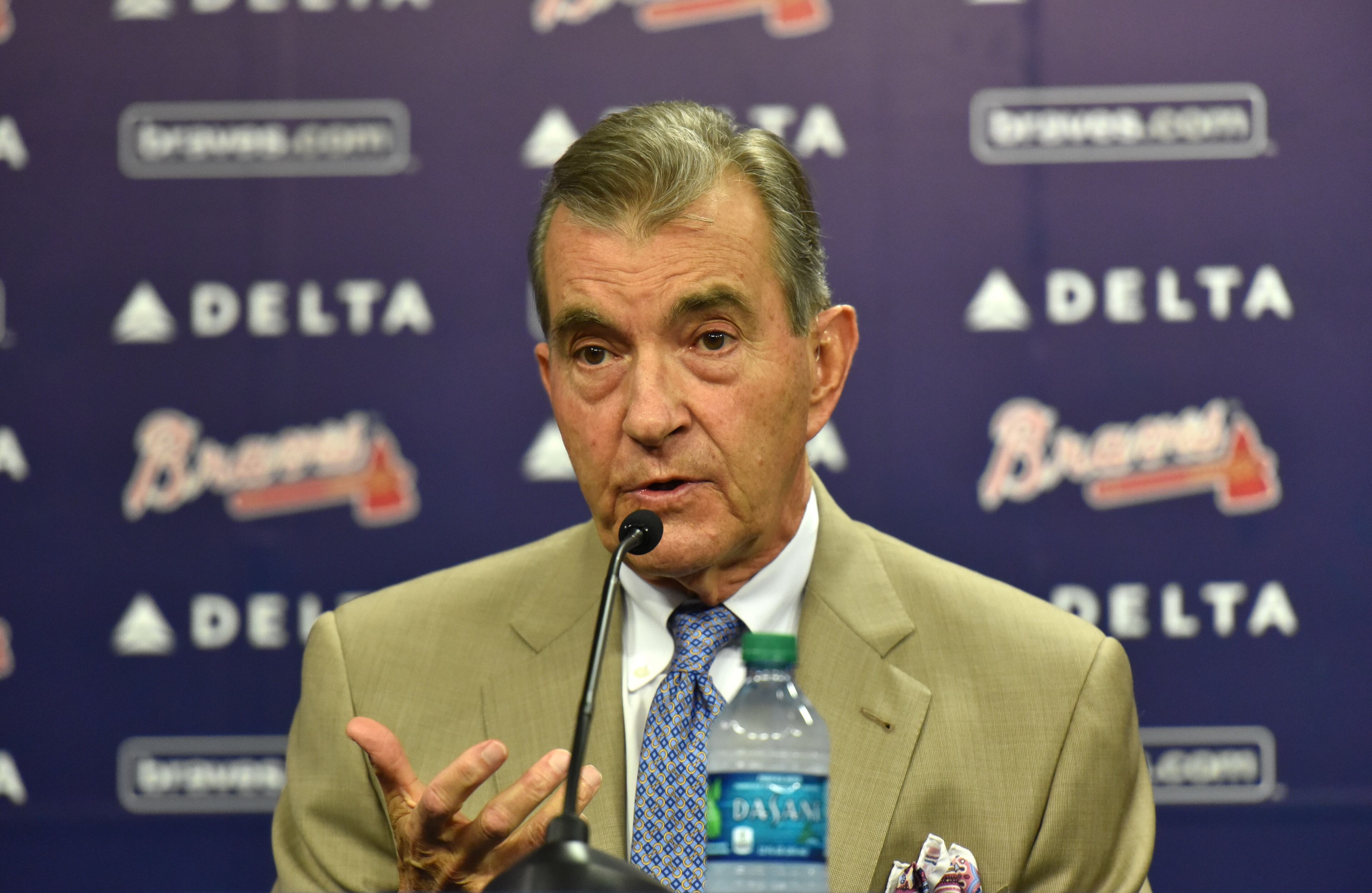 October 1, 2015 Atlanta - Atlanta Braves President John Schuerholz speaks during a press conference at Turner Field on Thursday, October 1, 2015. The Atlanta Braves have promoted John Coppolella to general manager following three seasons as assistant GM. The move was announced on Thursday by Braves president of baseball operations John Hart. The team said in a statement Coppolella has agreed to a four-year contract through the 2019 season, a term that will include the Braves' first three seasons at their new SunTrust Park. HYOSUB SHIN / HSHIN@AJC.COM