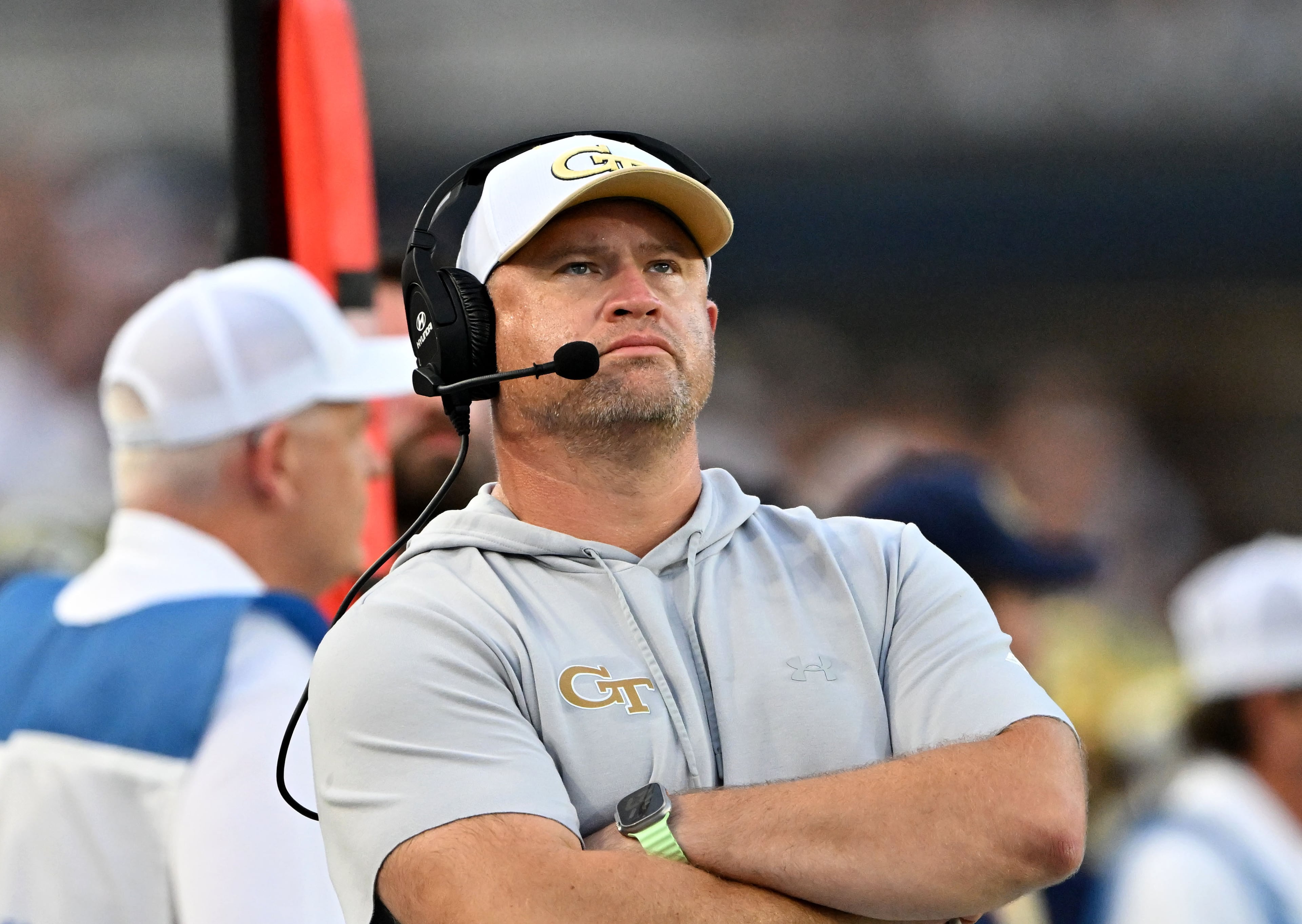 Georgia Tech head coach Brent Key reacts during the first half in an NCAA college football game against Tennessee at Bobby Dodd Stadium on Saturday, Sept. 12, 2026, in Atlanta. (Hyosub Shin/AJC)