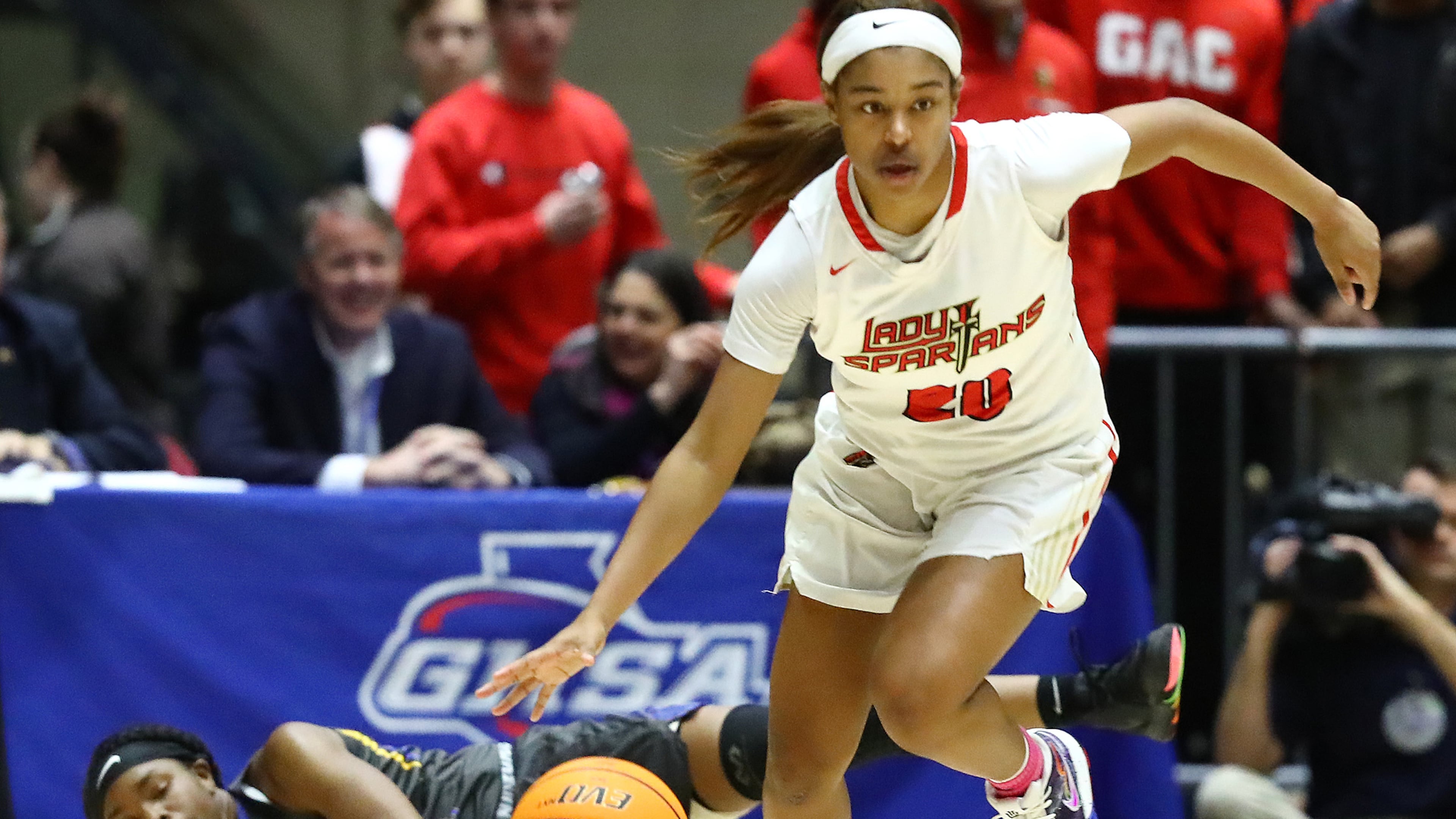 Greater Atlanta Christian defender Kaleigh Addie drives away after a steal during the Class AAA girls state basketball championship Thursday, March 5, 2020, in Macon.