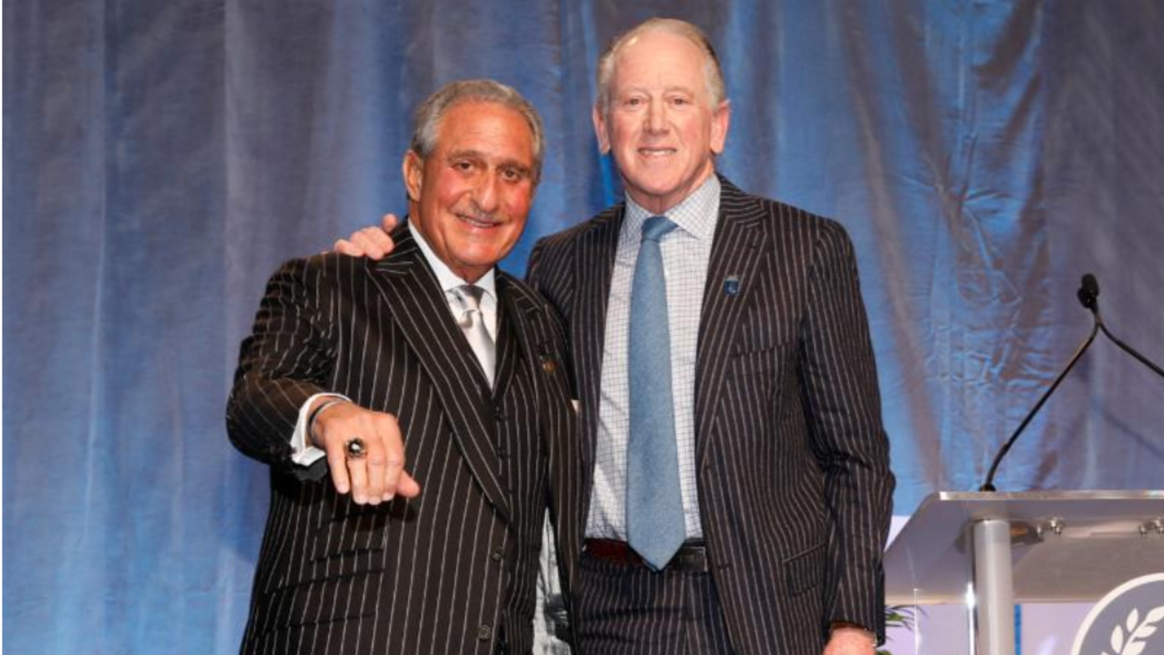 Arthur Blank, pictured alongside Archie Manning, was honored for his leadership during induction to the NFF Leadership Hall of Fame kicking off CFP National Championship weekend in Atlanta on Sunday, Jan. 7, 2018.