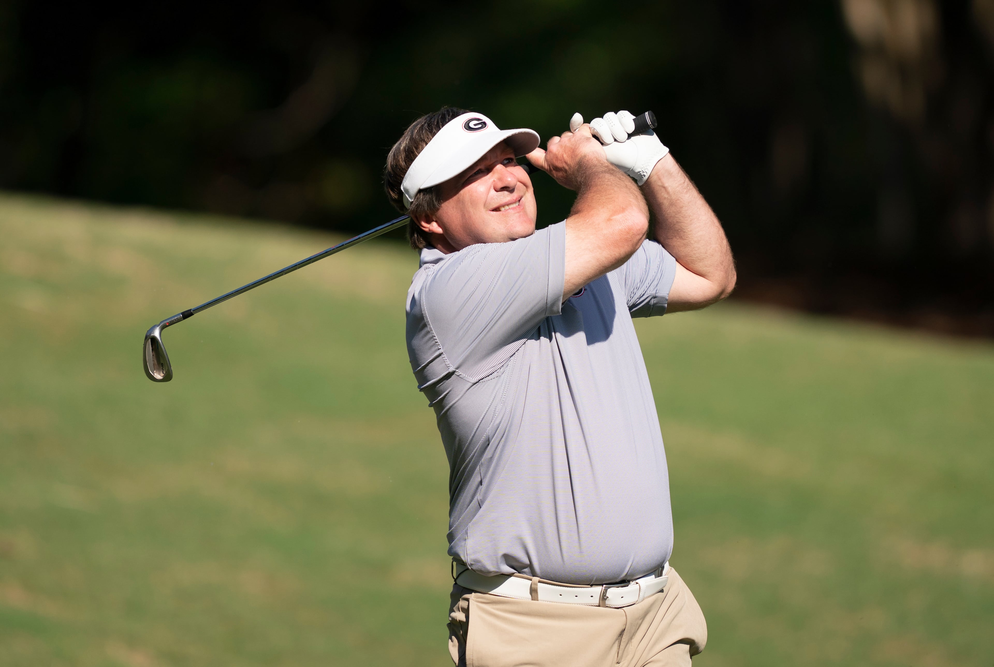 Georgia head football football coach Kirby Smart tees off during the Chick-fil-A Peach Bowl Challenge at the Ritz Carlton Reynolds, Lake Oconee, on Tuesday, April 30, 2019, in Greensboro, GA. (Paul Abell via Abell Images for Chick-fil-A Peach Bowl Challenge)