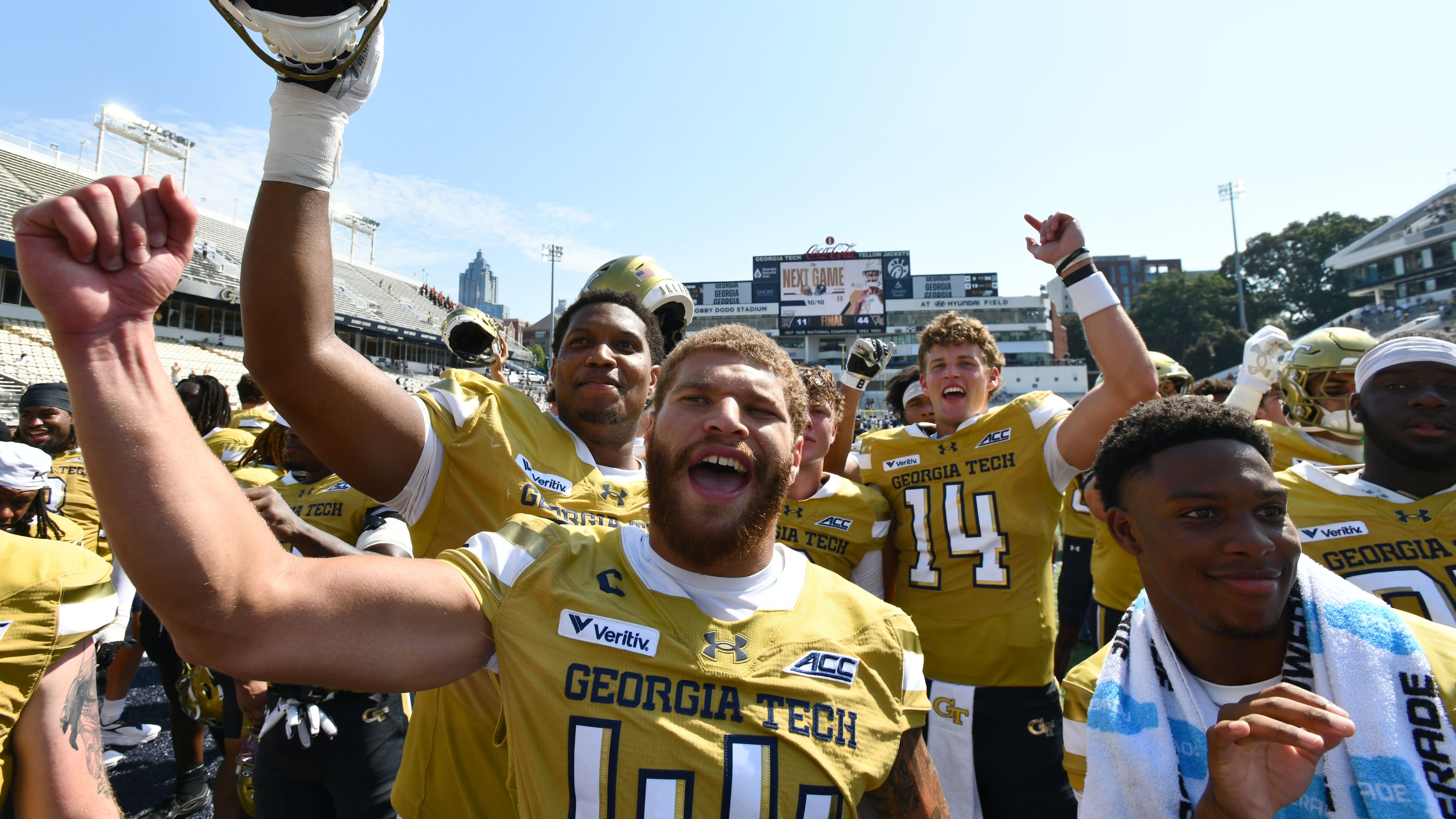 Georgia Tech players celebrate after defeating Mercer, 44-11, at Bobby Dodd Stadium on Saturday, Sept. 19, 2026, in Atlanta. This week, the Yellow Jackets take on Stanford. (Hyosub Shin/AJC)