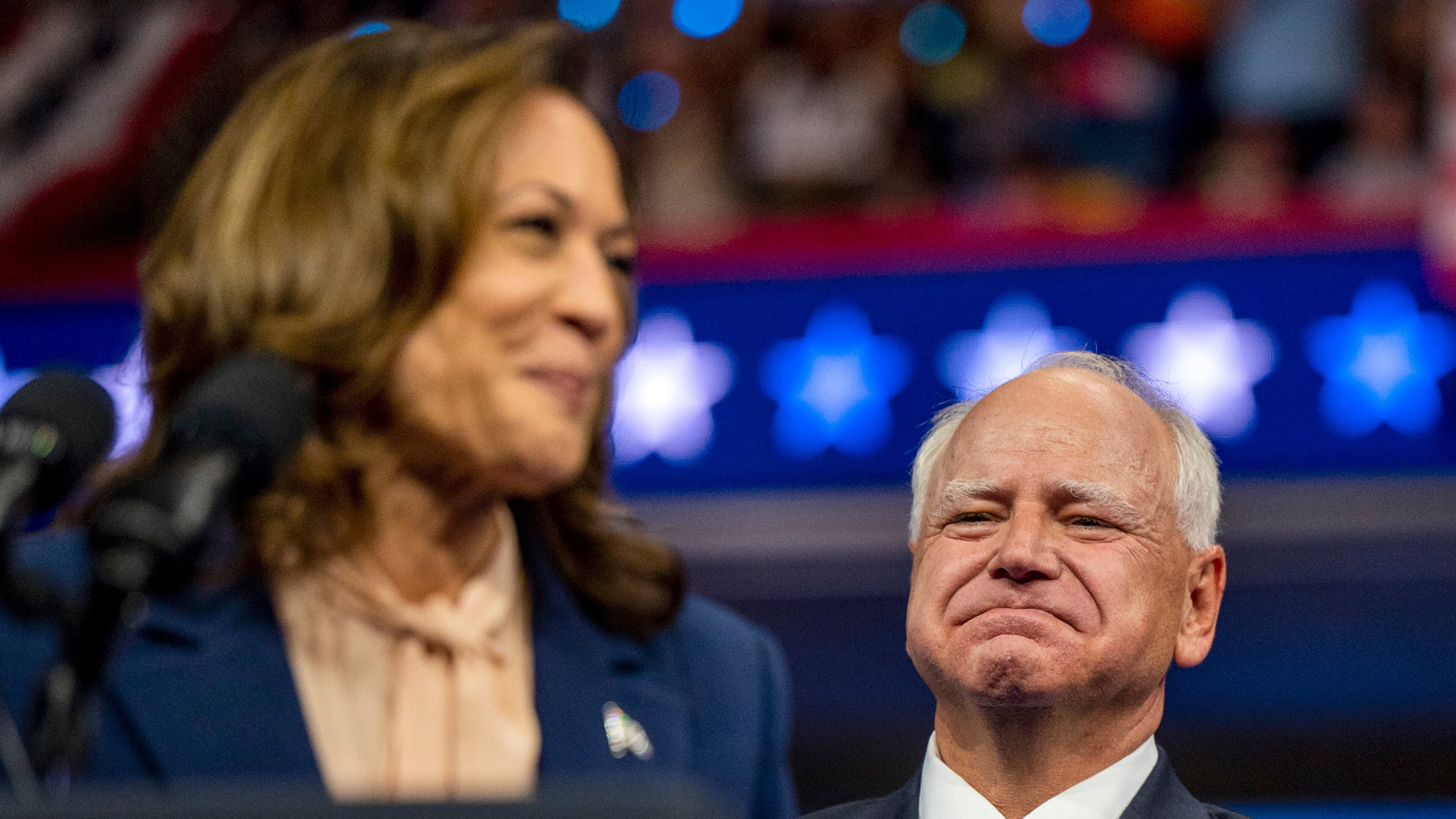 Vice President Kamala Harris, the Democratic presidential nominee, and Minnesota Gov. Tim Walz, her running mate, at a rally at Temple University. (Tom Gralish/The Philadelphia Inquirer/TNS)