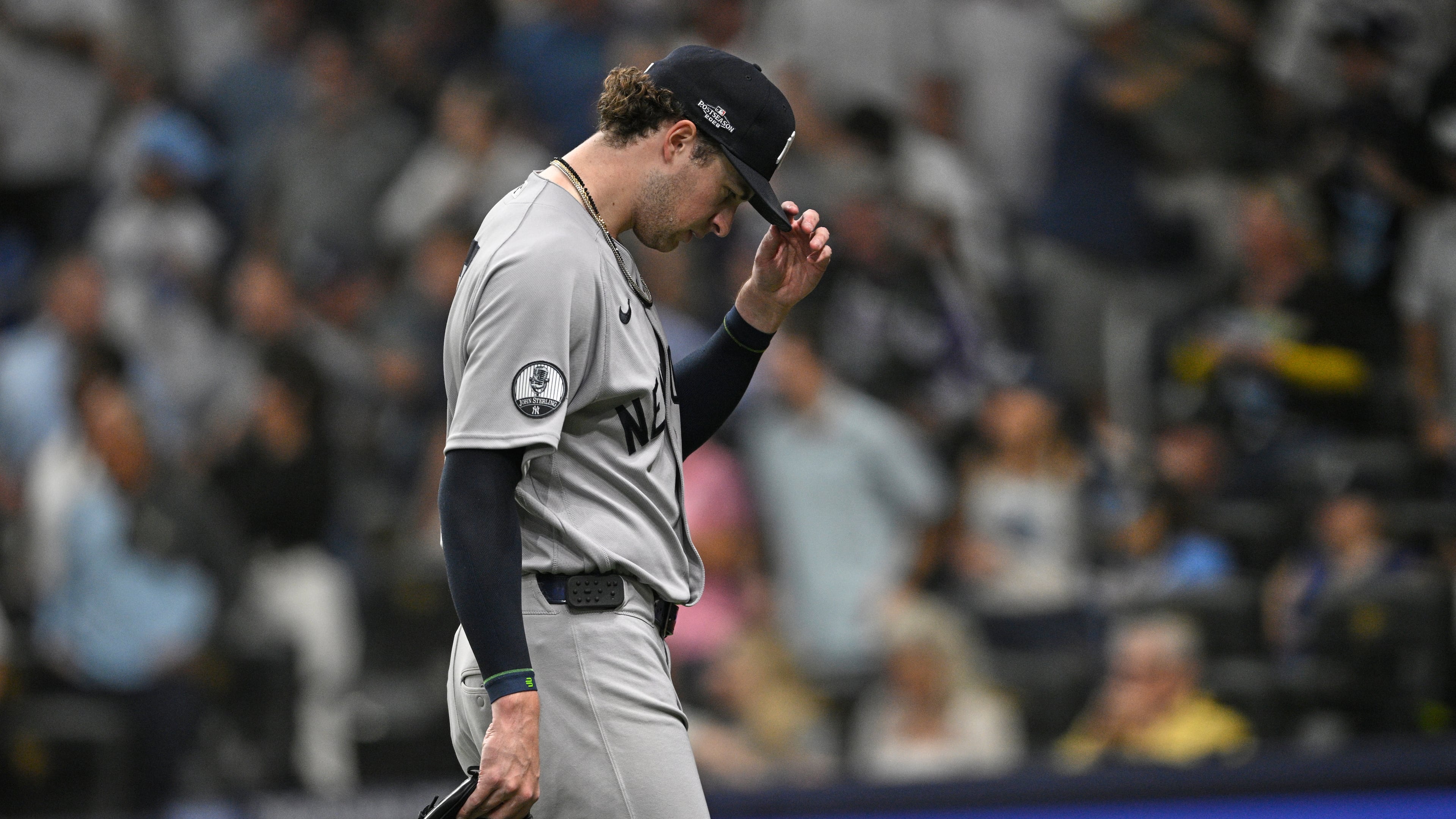 New York Yankees starting pitcher Cam Schlittler leaves Game 2 of an American League Division Series baseball game against the Tampa Bay Rays during the fifth inning Monday, Oct. 5, 2026, in St. Petersburg, Fla. (AP Photo/Phelan Ebenhack)