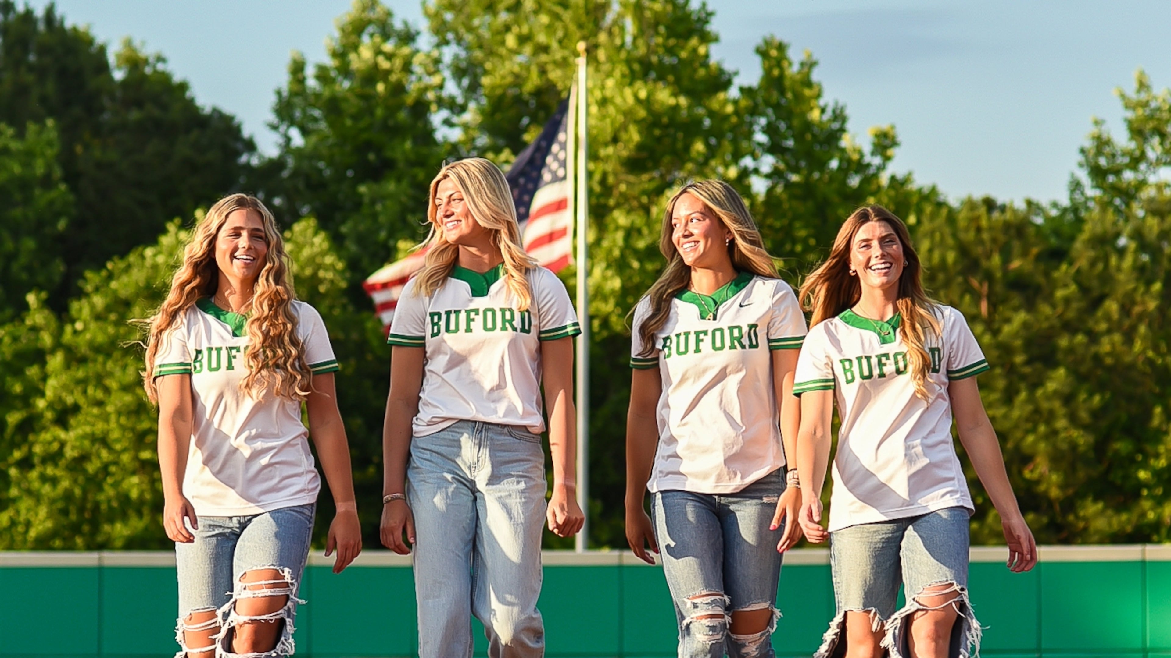 Four seniors have led the Buford softball team to a perfect record heading into the state championship tournament: (L-R) Kadyn Gabrels, Caroline Stanton, Addie Rackley and Summer Castorri. (Courtesy of Paige Ewing)