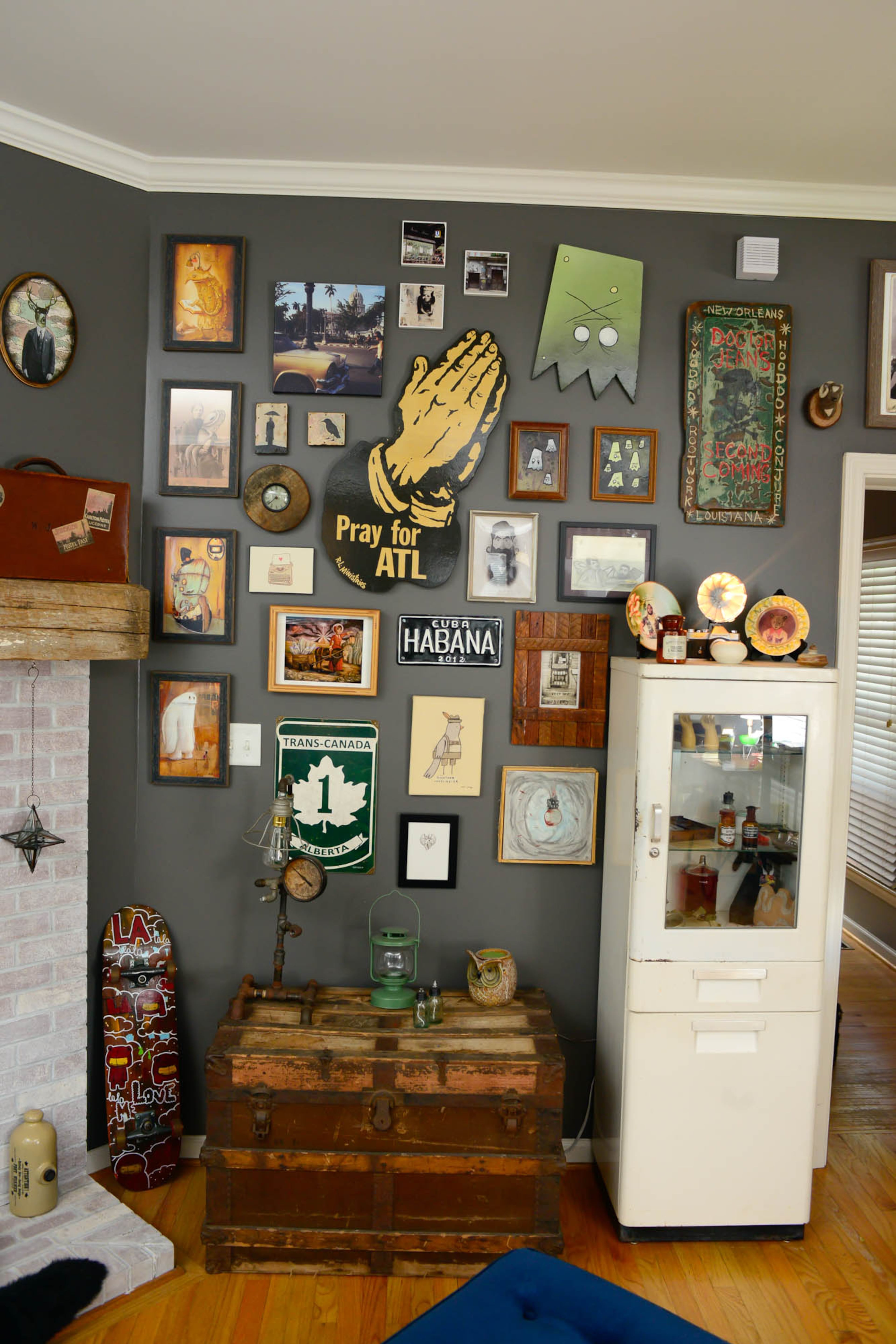 "We have industrial things. We have army stuff. We have kitschy vintage things," said Nash about the art in the home she shares with her husband. "Everything has a story."
