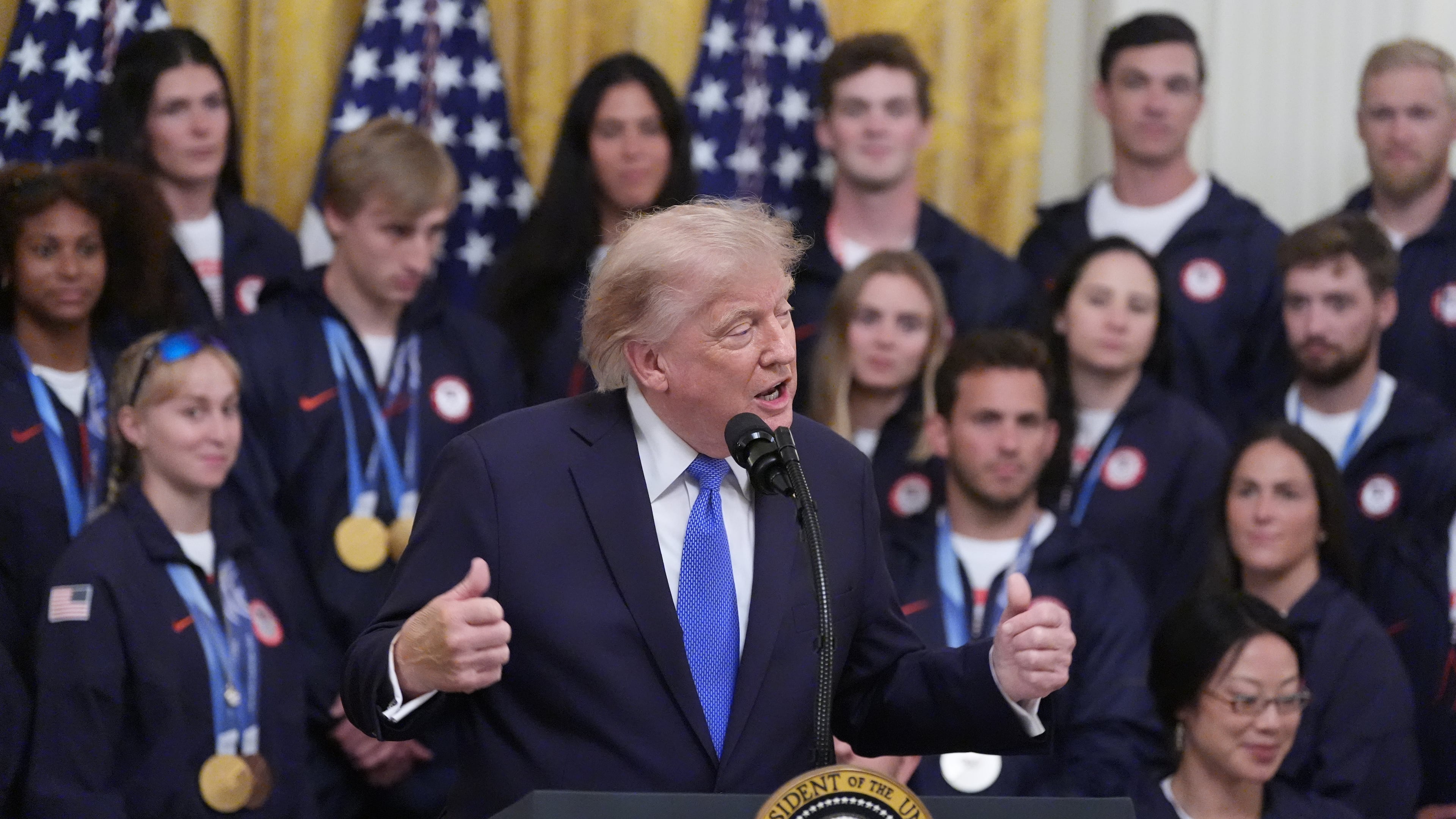 President Donald Trump speaks during an event for Olympic winter athletes, coaches, staff, and representatives from Team USA in the East Room of the White House, Thursday, Aug. 6, 2026, in Washington. (AP Photo/Alex Brandon)