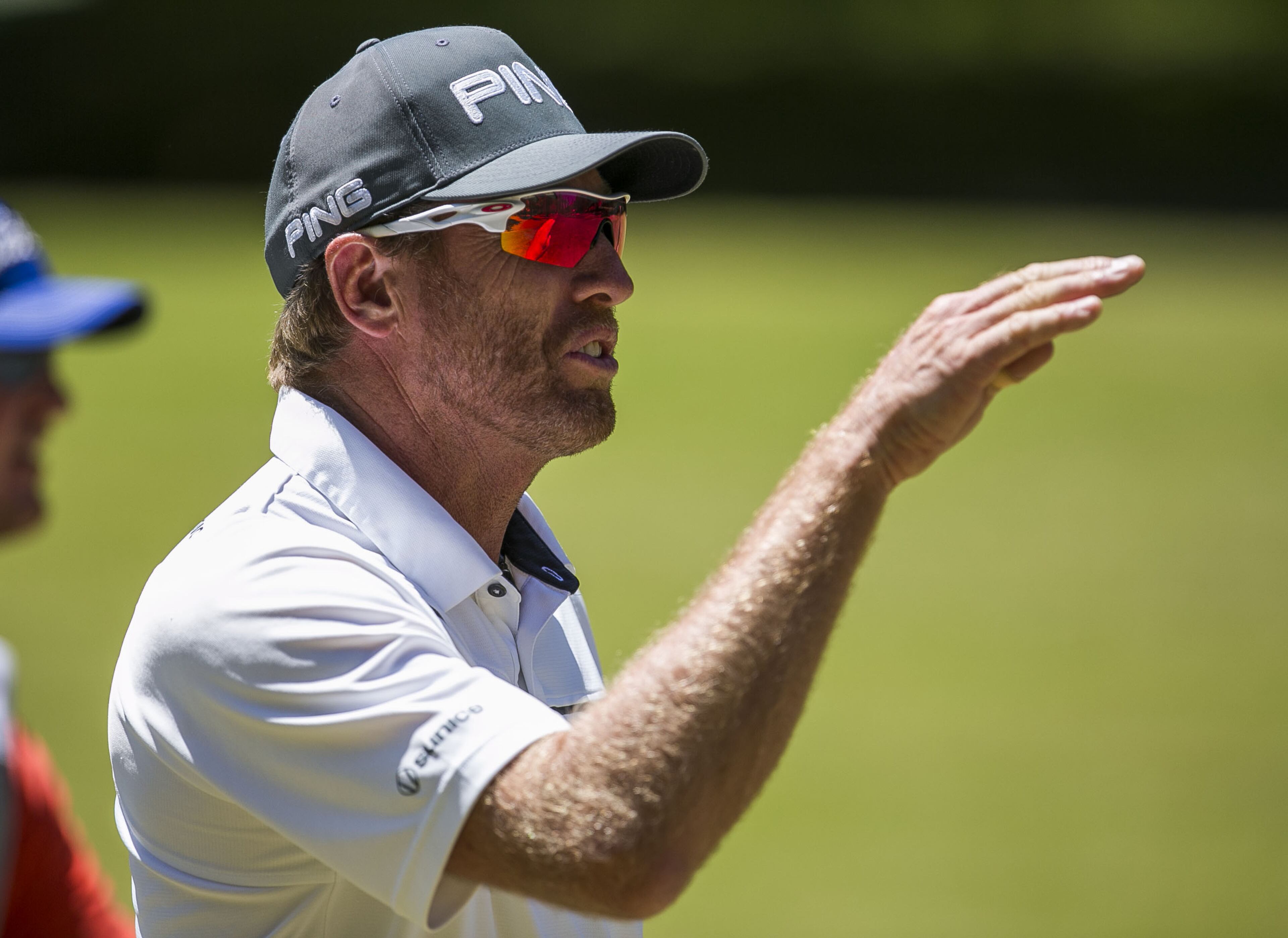 DULUTH, GA - APRIL 16: Stephen Ames explains the path of his ball after hitting his third shot on the fourth hole during the second round of the Mitsubishi Electric Classic at TPC Sugarloaf on April 16, 2016 in Duluth, Georgia. (Photo by David Welker/Getty Images)