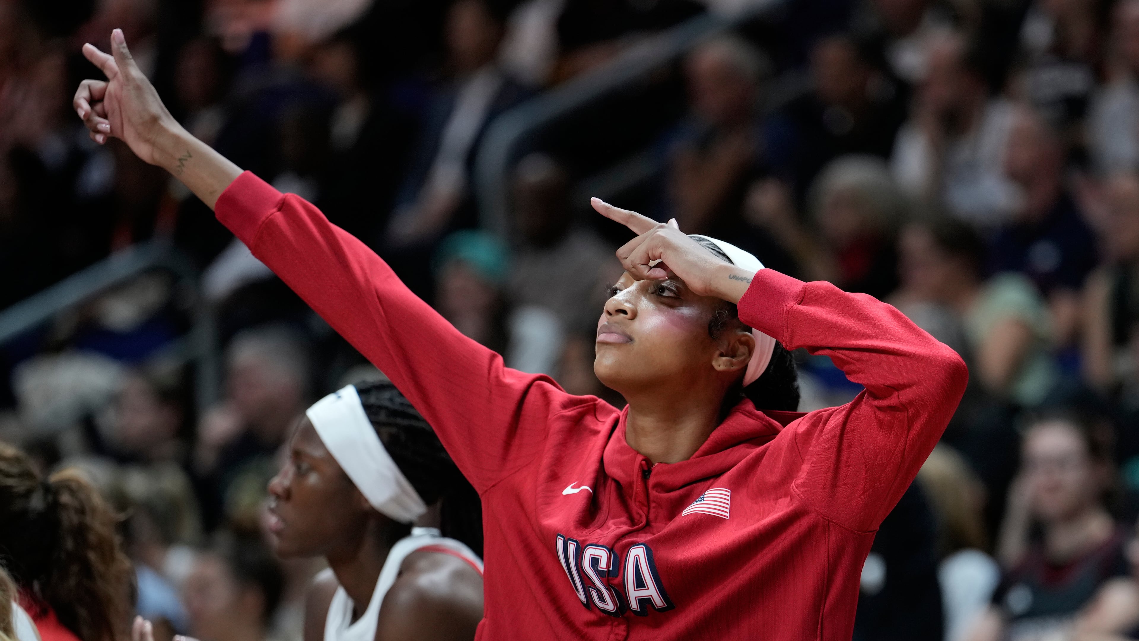 Angel Reese, of the United States, reacts during the Women's Basketball World Cup final match between the United States and France in Berlin, Sunday, Sept. 13, 2026. (AP Photo/Ebrahim Noroozi)