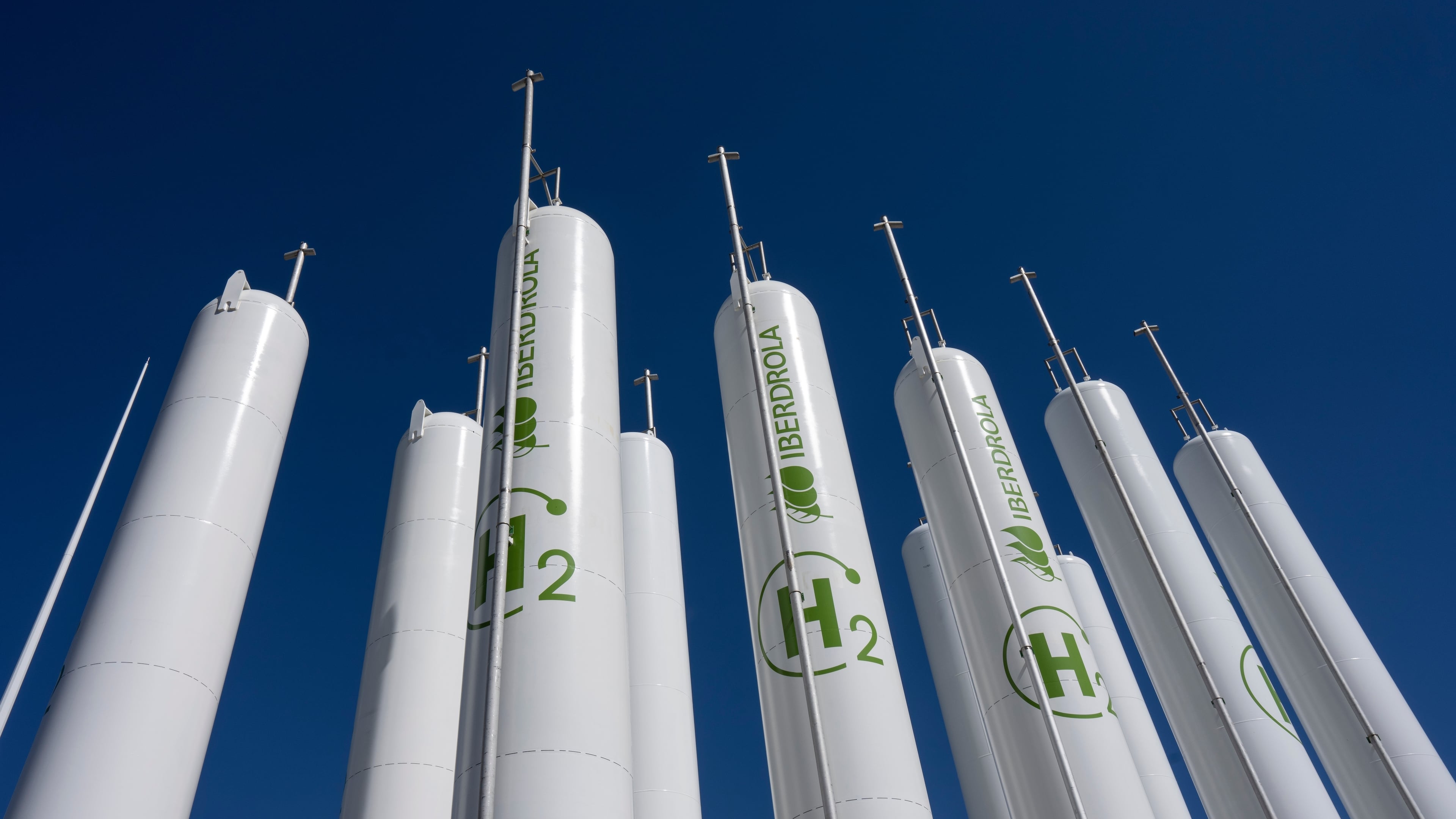 FILE - Hydrogen storage tanks are visible at the Iberdrola green hydrogen plant in Puertollano, central Spain, March 28, 2023. (AP Photo/Bernat Armangue, File)