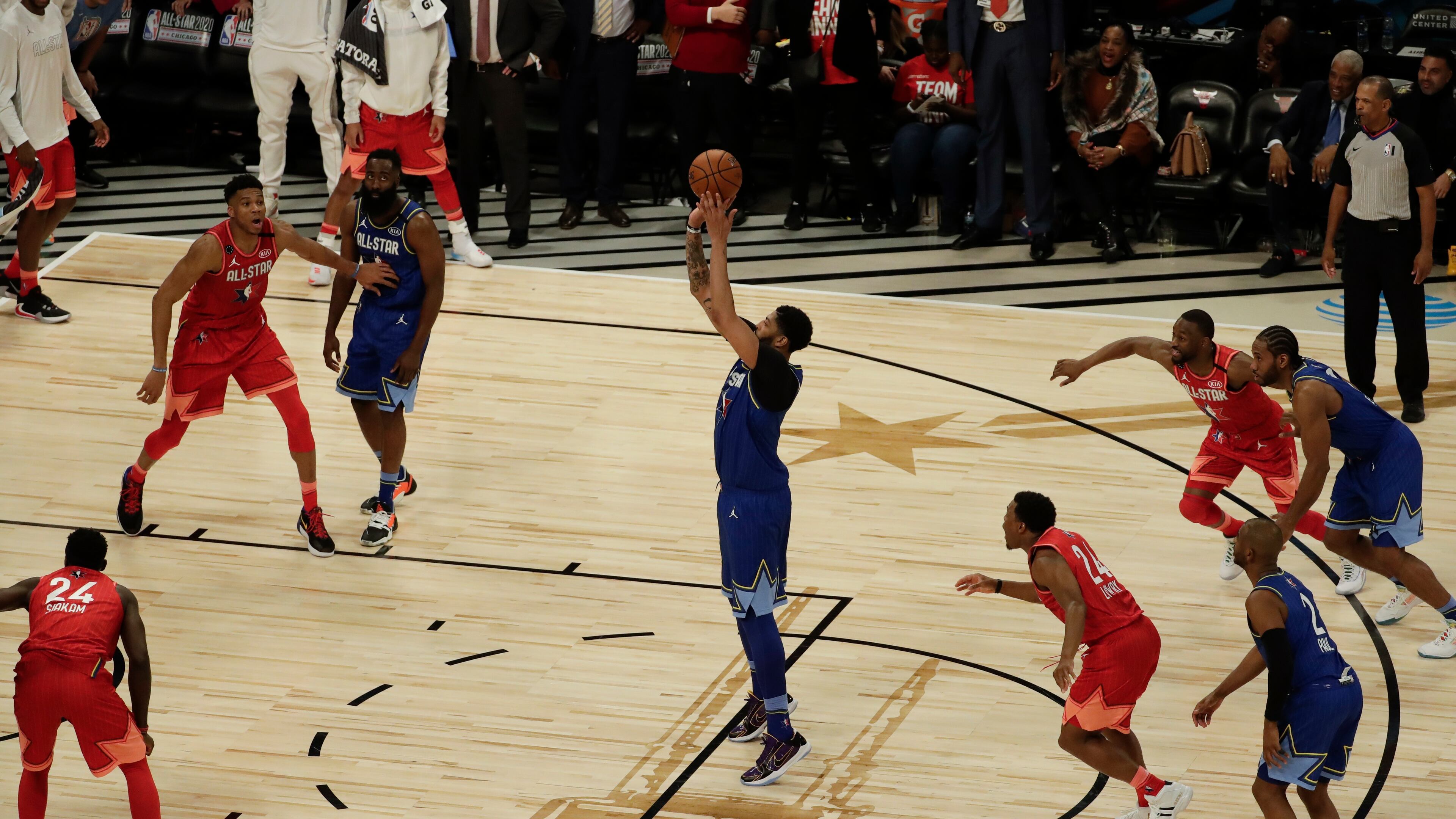 Anthony Davis of the Los Angeles Lakers shoots the game-winning free throw for Team LeBron in the NBA All-Star game Sunday, Feb. 16, 2020, in Chicago. Team LeBron won 157-155.