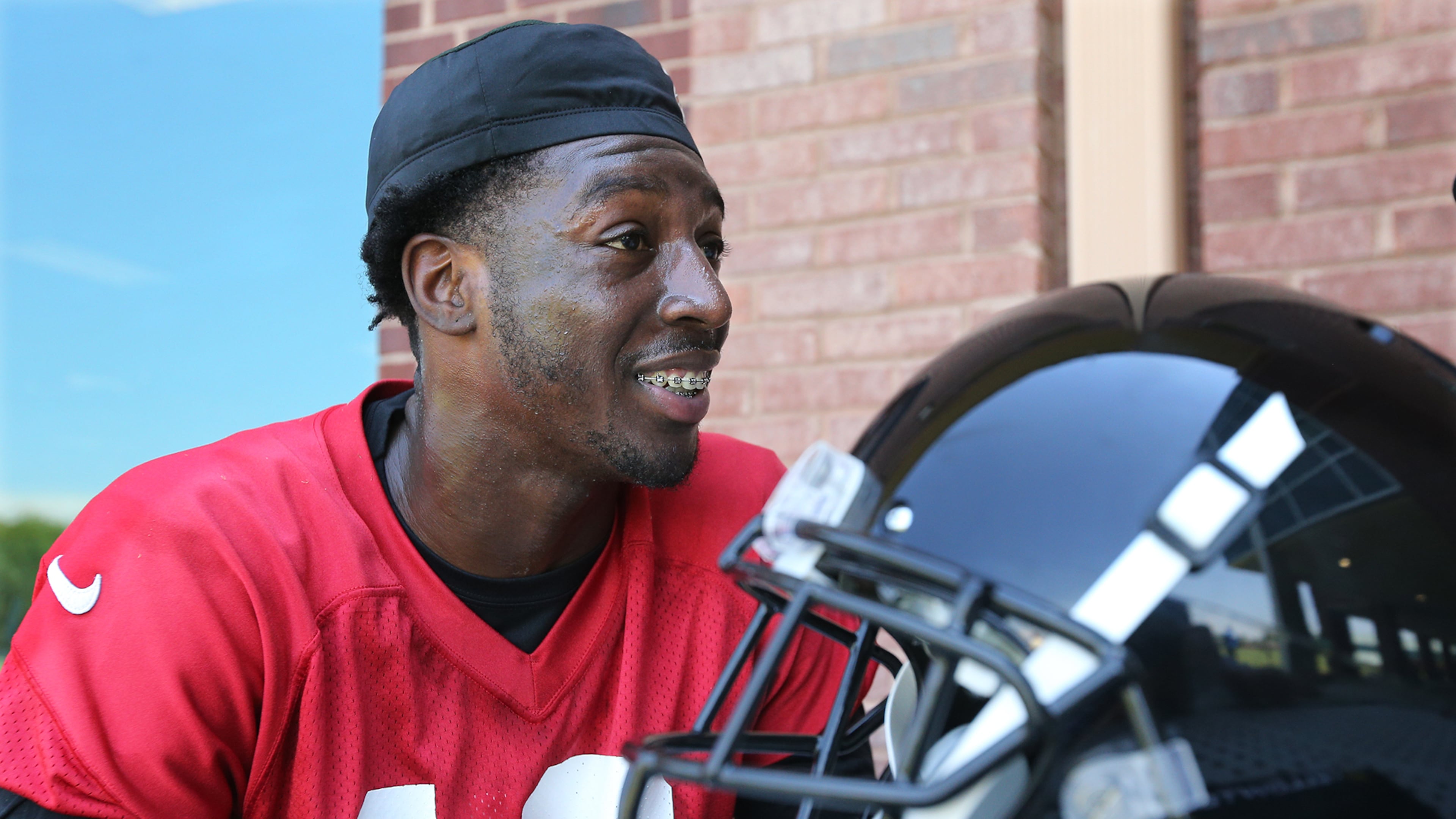 May 11, 2018 Flowery Branch: Atlanta Falcons first round draft pick Calvin Ridley is all smiles at the end of the first day of practice during rookie-mini-camp on Friday, May 11, 2018, in Flowery Branch. Curtis Compton/ccompton@ajc.com